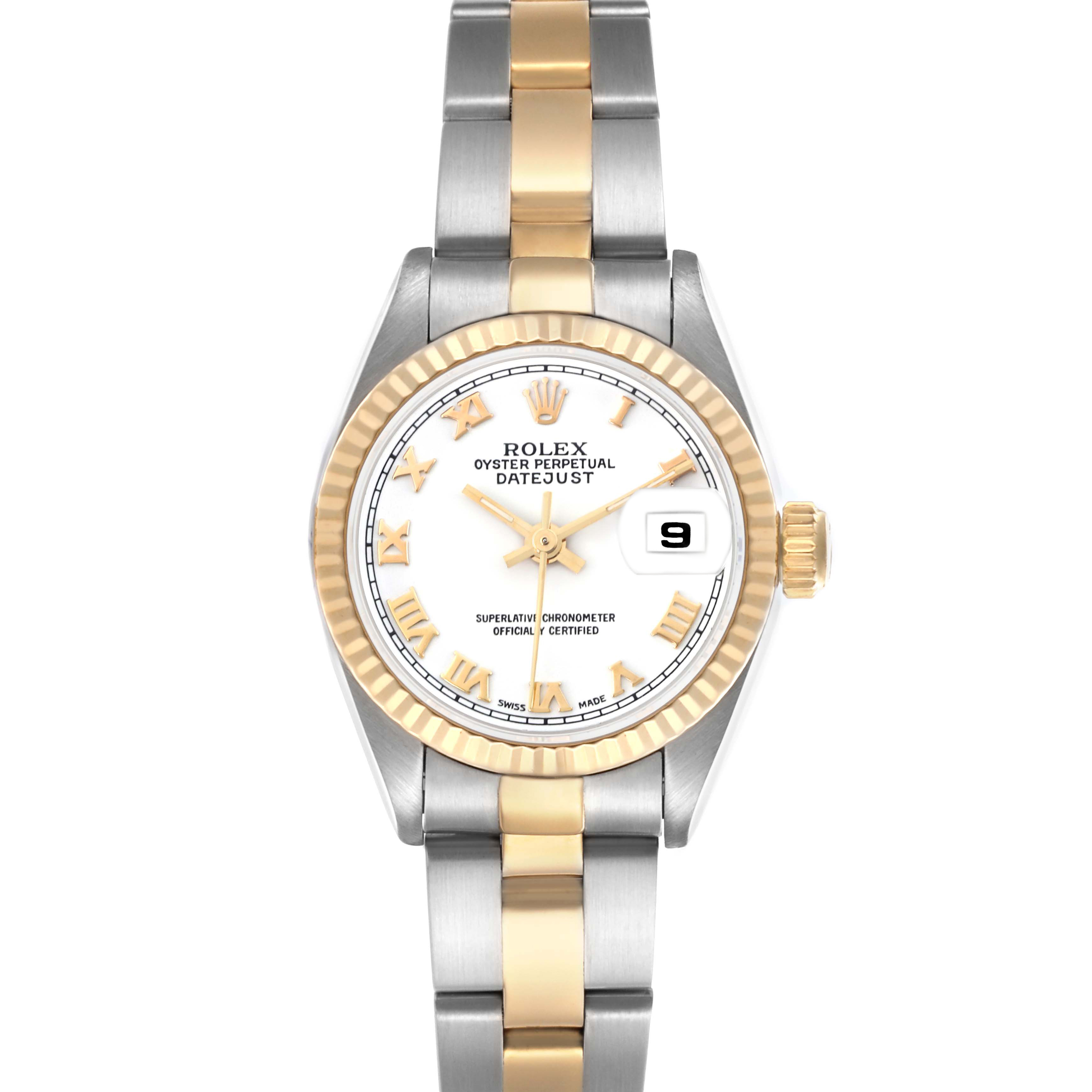 The Rolex Datejust 69173 Women's Steel and Gold (two tone) White Dial 69173 Women's Steel and Gold (two tone) White Dial watch is shown from a top-down angle, highlighting the dial, bezel, and two-tone bracelet.