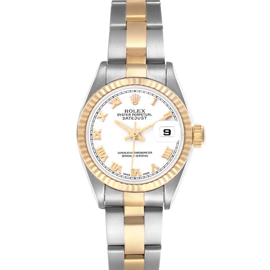 The Rolex Datejust watch is shown from a top-down angle, highlighting the dial, bezel, and two-tone bracelet.