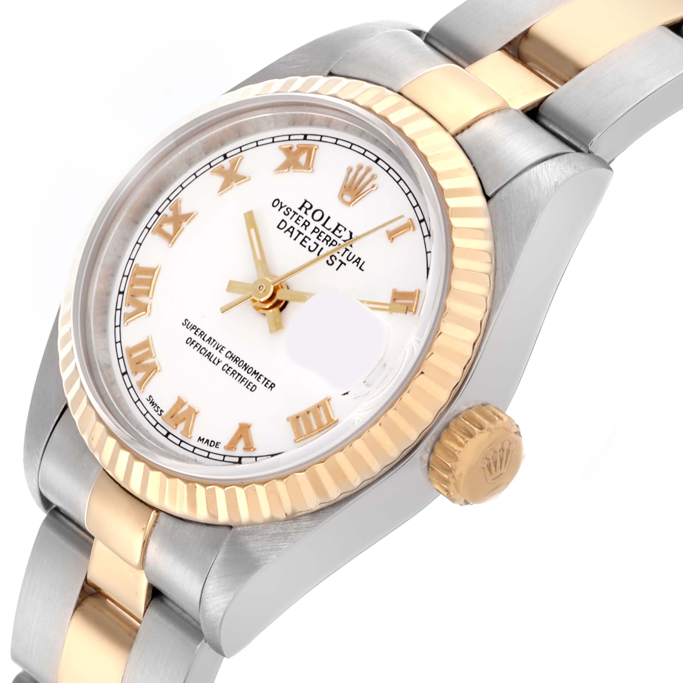 The Rolex Datejust 69173 Women's Steel and Gold (two tone) White Dial 69173 Women's Steel and Gold (two tone) White Dial watch is shown at an angled view, highlighting the bezel, crown, bracelet, and partial dial.