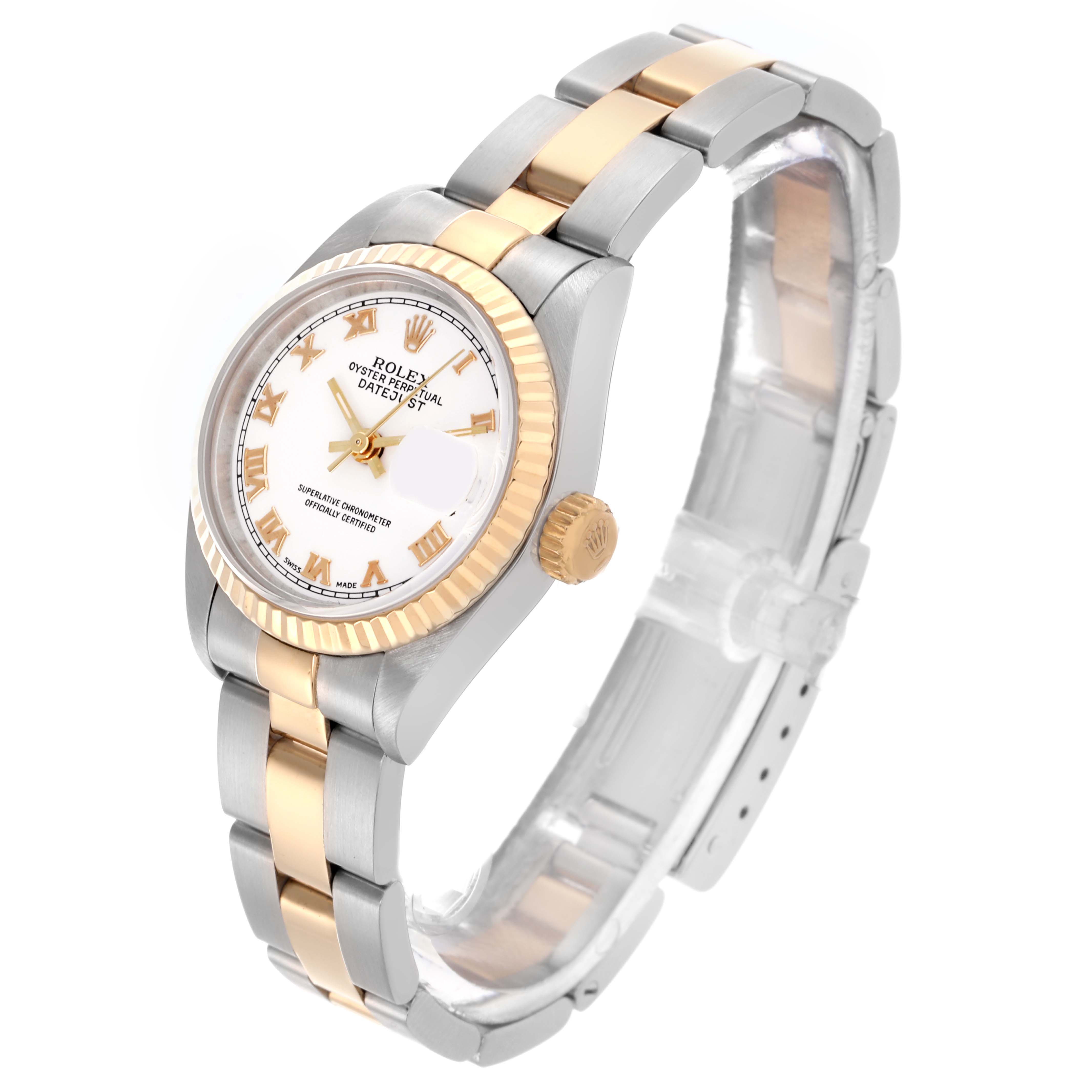 The Rolex Datejust 69173 Women's Steel and Gold (two tone) White Dial 69173 Women's Steel and Gold (two tone) White Dial watch is shown at an angled side view, highlighting the dial, bezel, crown, and two-tone bracelet.