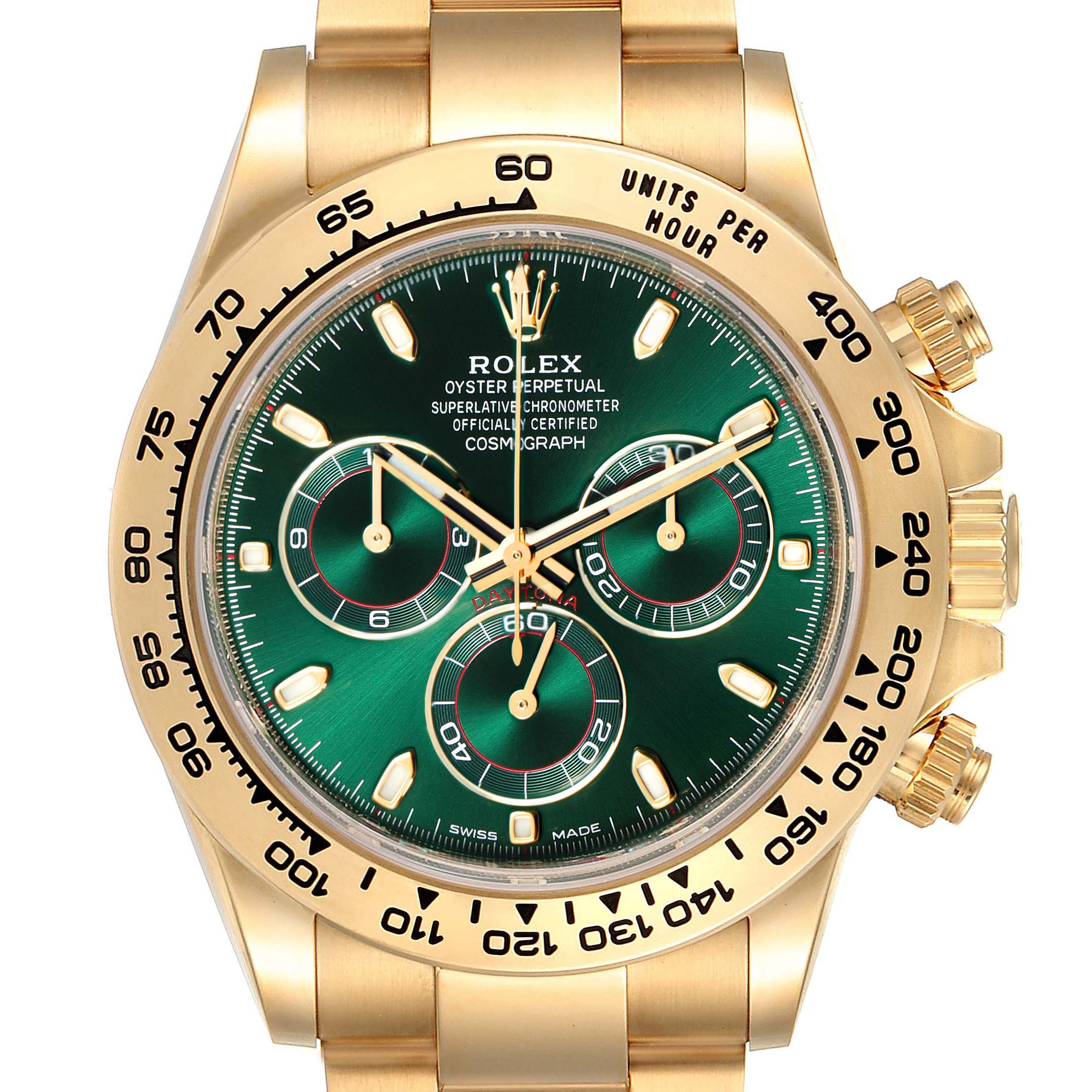 This image shows a Rolex Daytona 116508 Men's Yellow Gold Green Dial 116508 Men's Yellow Gold Green Dial watch from a front angle, highlighting its green dial, chronograph subdials, and gold bracelet.