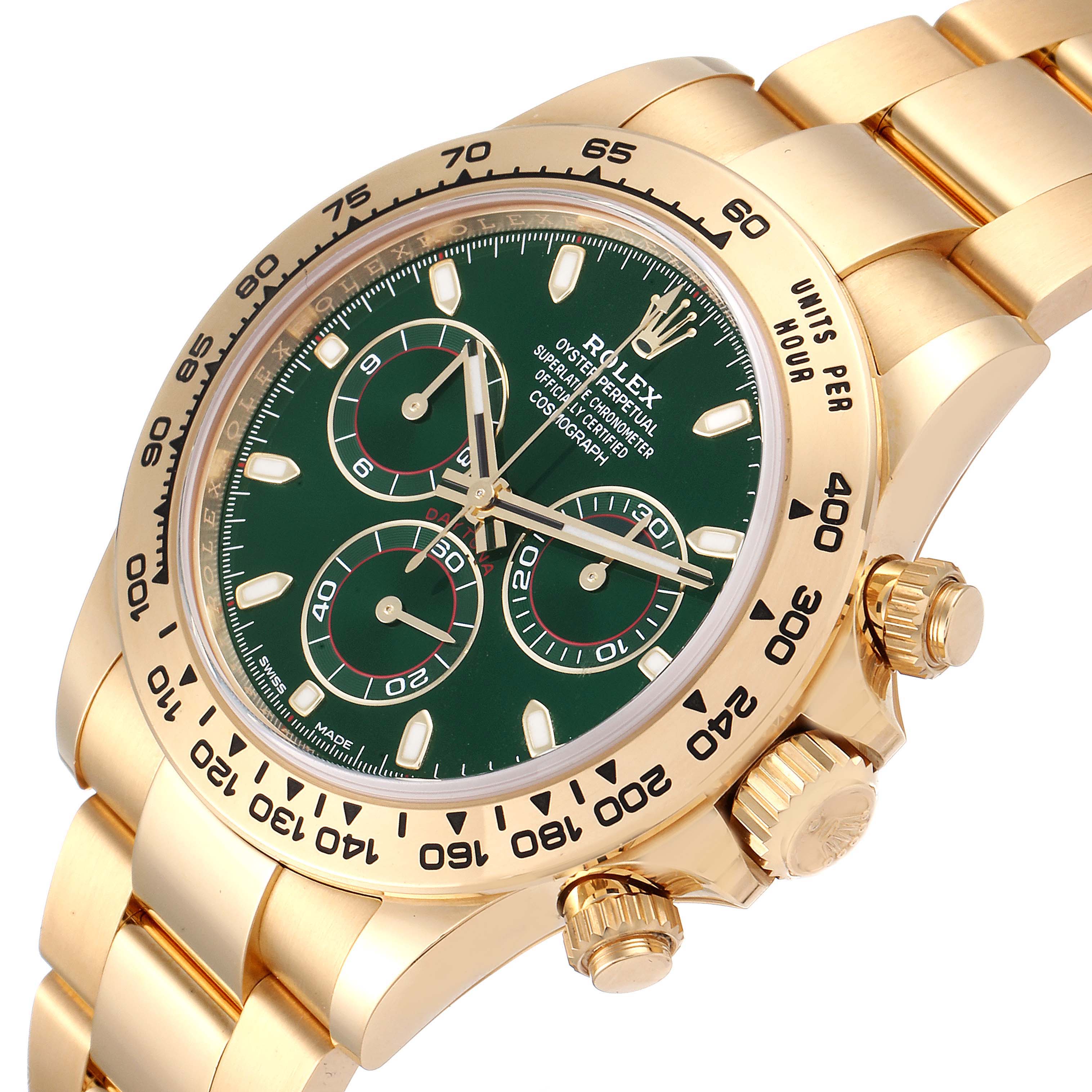 The image shows a Rolex Daytona 116508 Men's Yellow Gold Green Dial 116508 Men's Yellow Gold Green Dial watch angled to display the face, crown, and part of the bracelet.