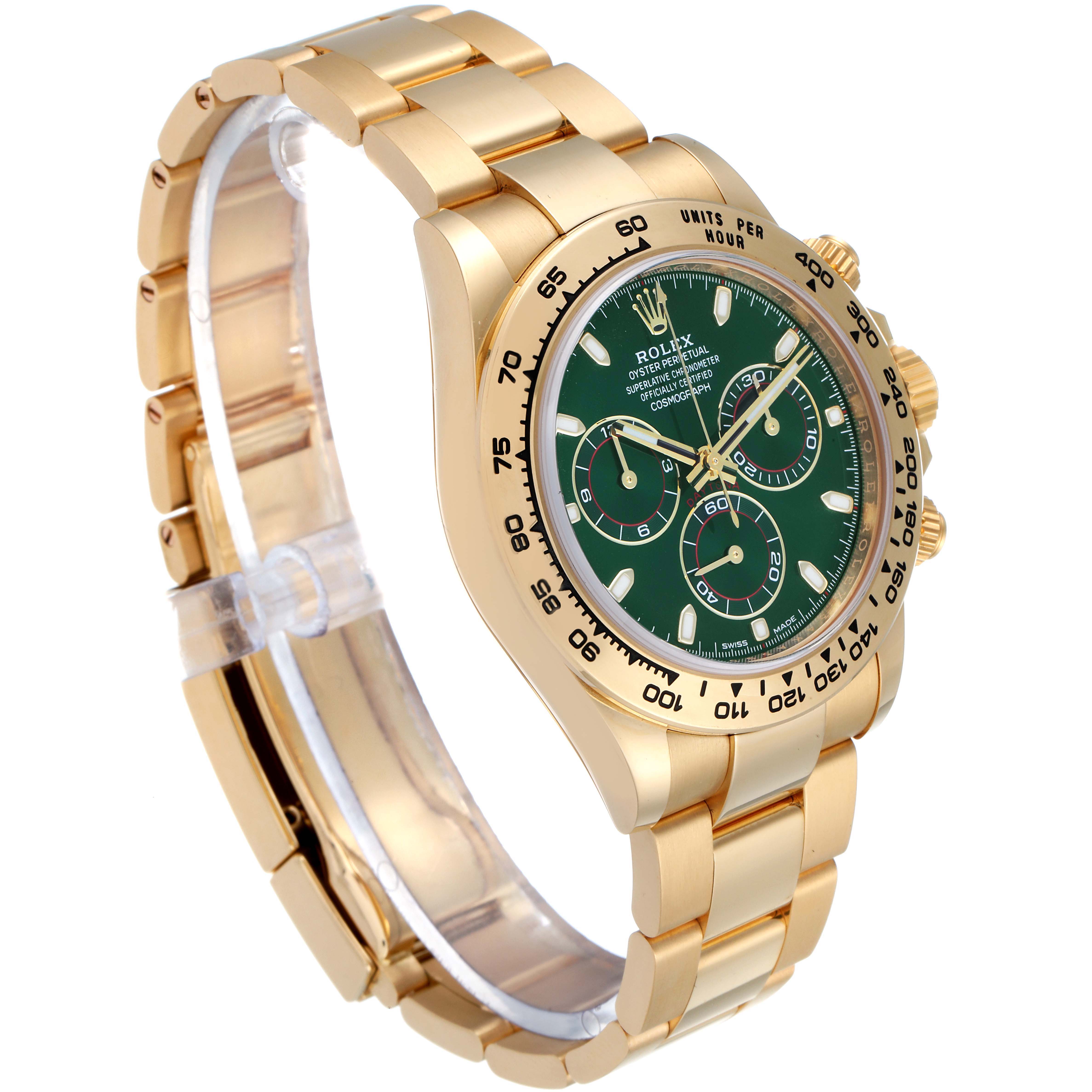 The Rolex Daytona 116508 Men's Yellow Gold Green Dial 116508 Men's Yellow Gold Green Dial watch is shown at a three-quarter angle, highlighting its gold bracelet and green dial with three sub-dials.