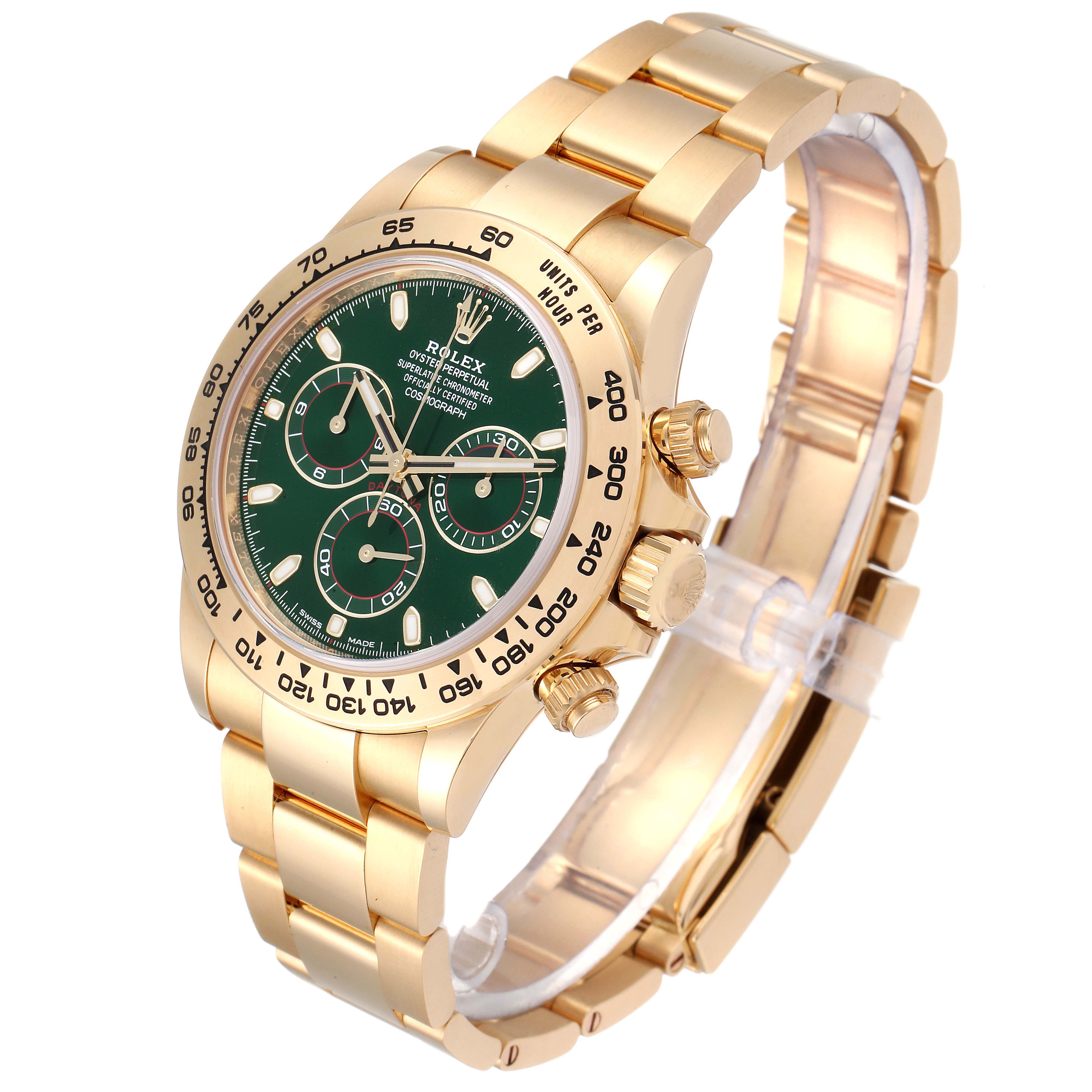 This is a close-up angle showing the face, bezel, and bracelet of a Rolex Daytona 116508 Men's Yellow Gold Green Dial 116508 Men's Yellow Gold Green Dial watch.