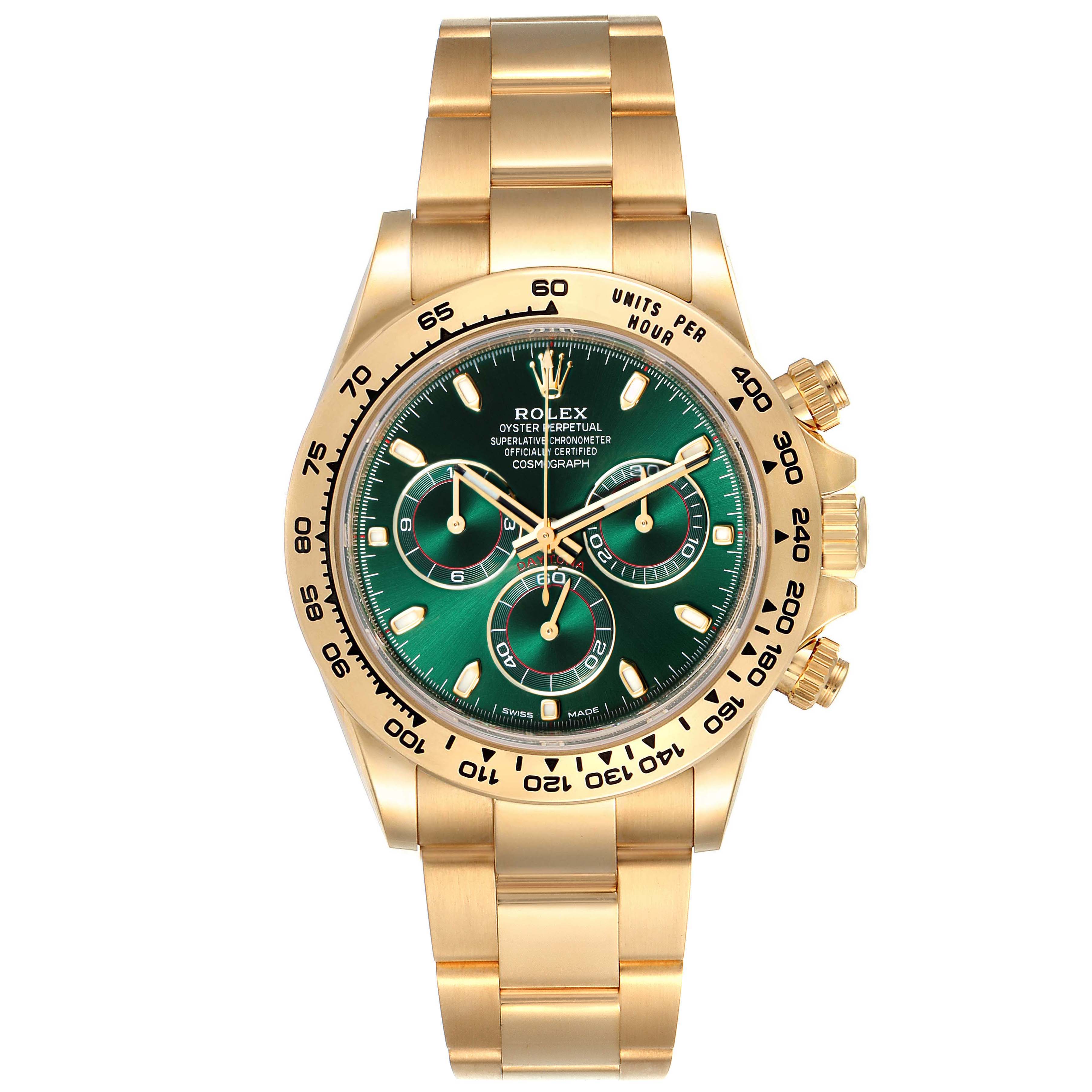 The Rolex Daytona 116508 Men's Yellow Gold Green Dial 116508 Men's Yellow Gold Green Dial watch is shown from a top view, detailing the green dial, gold case, and bracelet.
