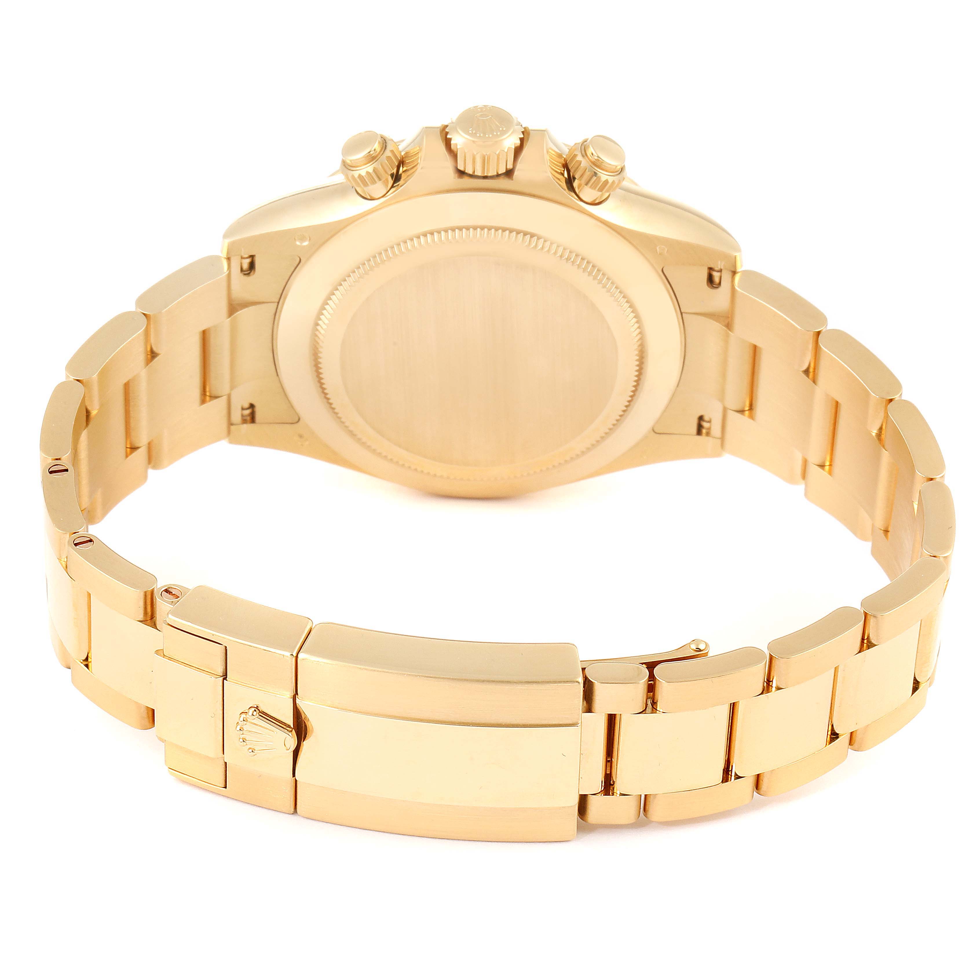 The image shows the back view of a Rolex Daytona 116508 Men's Yellow Gold Green Dial 116508 Men's Yellow Gold Green Dial, highlighting the clasp, case back, and bracelet.