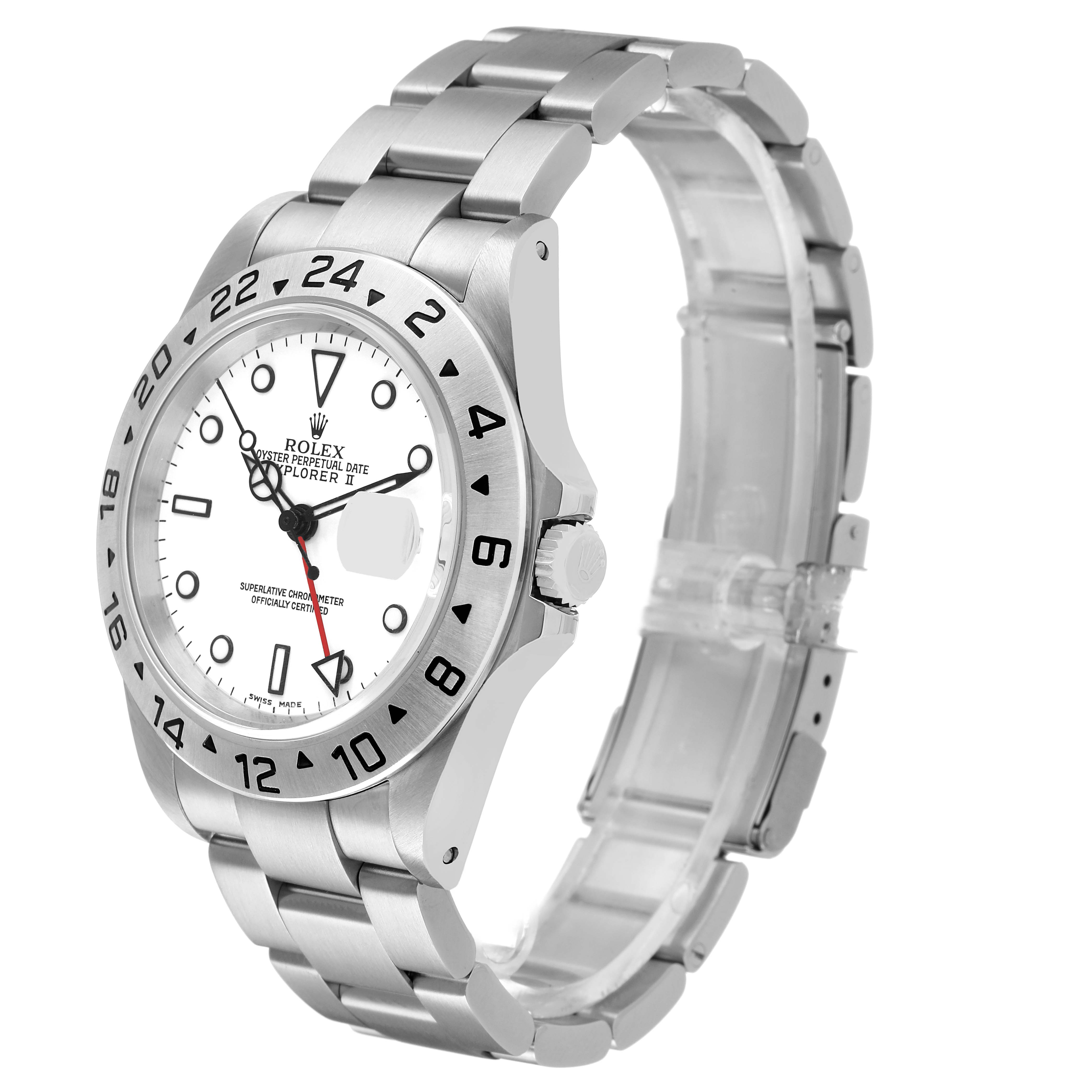 The Rolex Explorer 16570 Men's Stainless Steel White Dial watch is shown from a three-quarter angle, highlighting the face, bezel, crown, and metal bracelet.