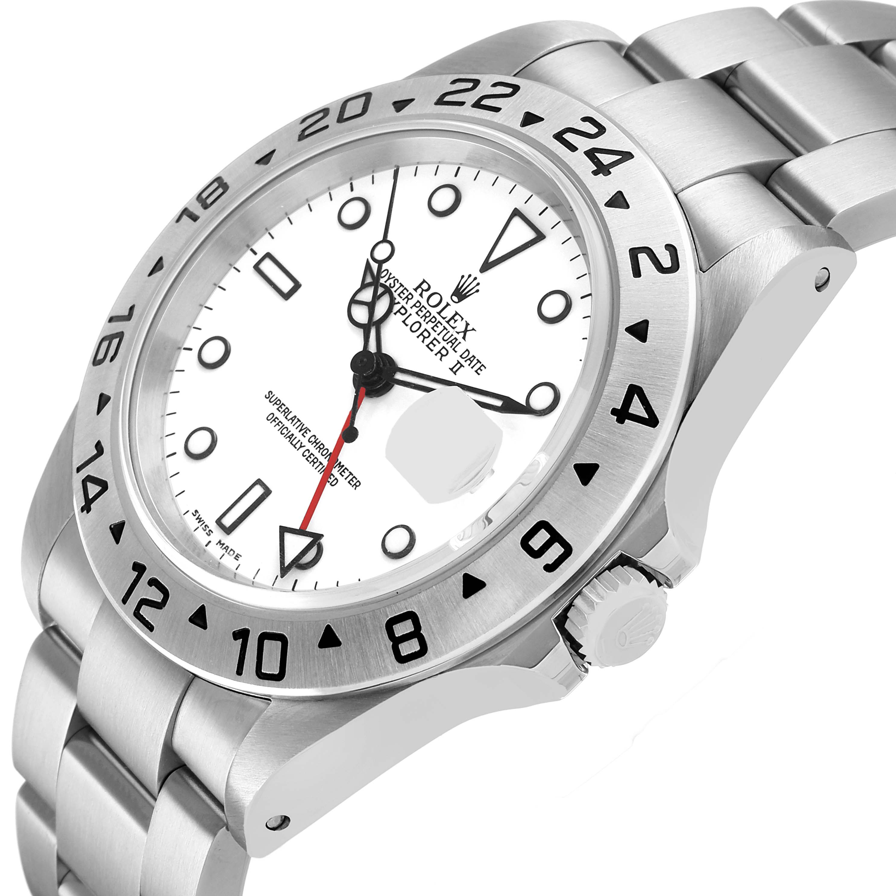 The Rolex Explorer 16570 Men's Stainless Steel White Dial watch is shown at an angle highlighting the face, bezel, and part of the bracelet.