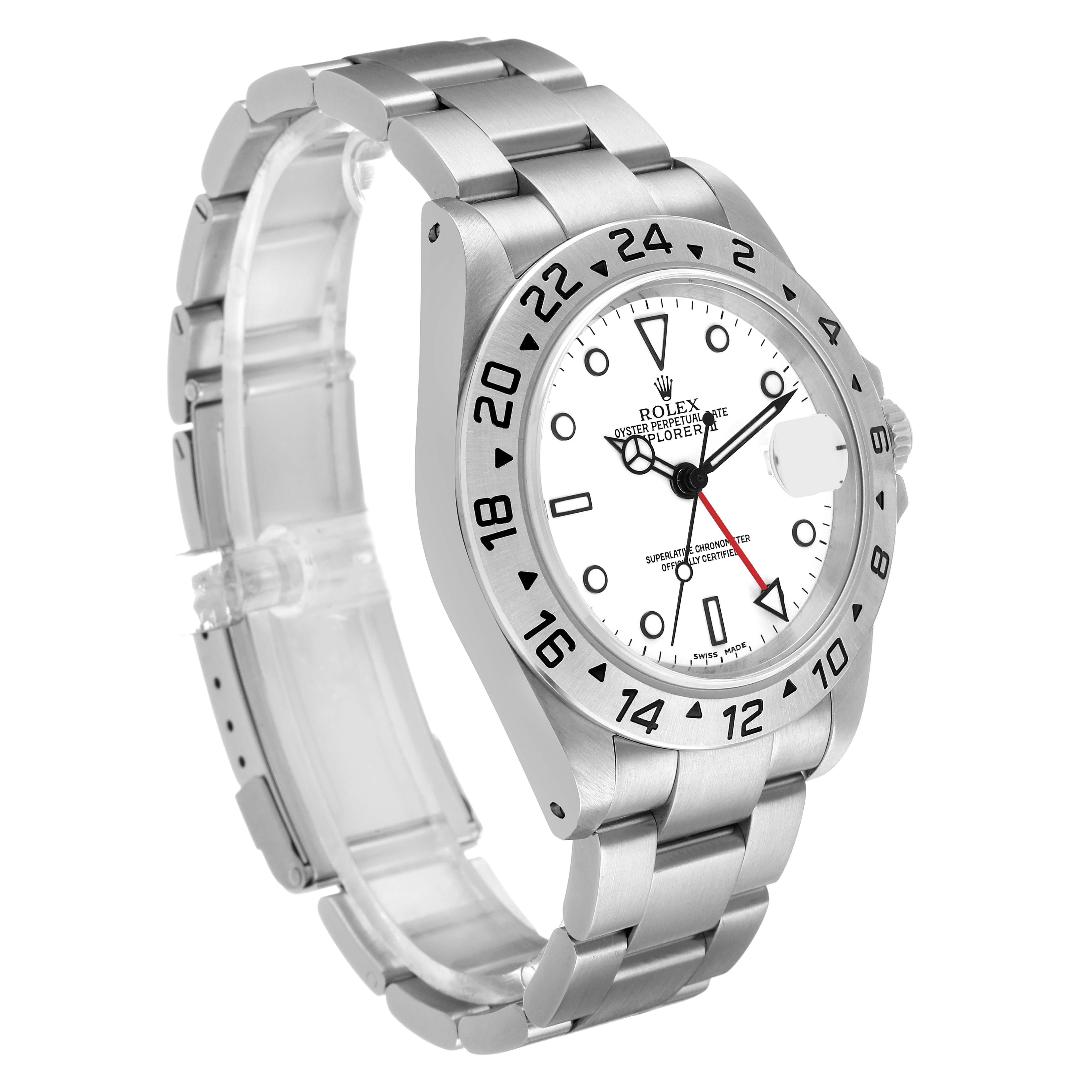 The Rolex Explorer 16570 Men's Stainless Steel White Dial watch is shown at a three-quarter angle, displaying its face, bezel, and bracelet.