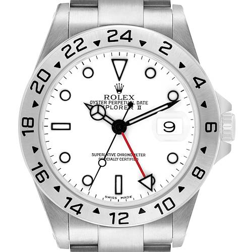 The image shows a Rolex Explorer 16570 Men's Stainless Steel White Dial II watch from a front angle, highlighting the dial, bezel, and case with a visible date window.