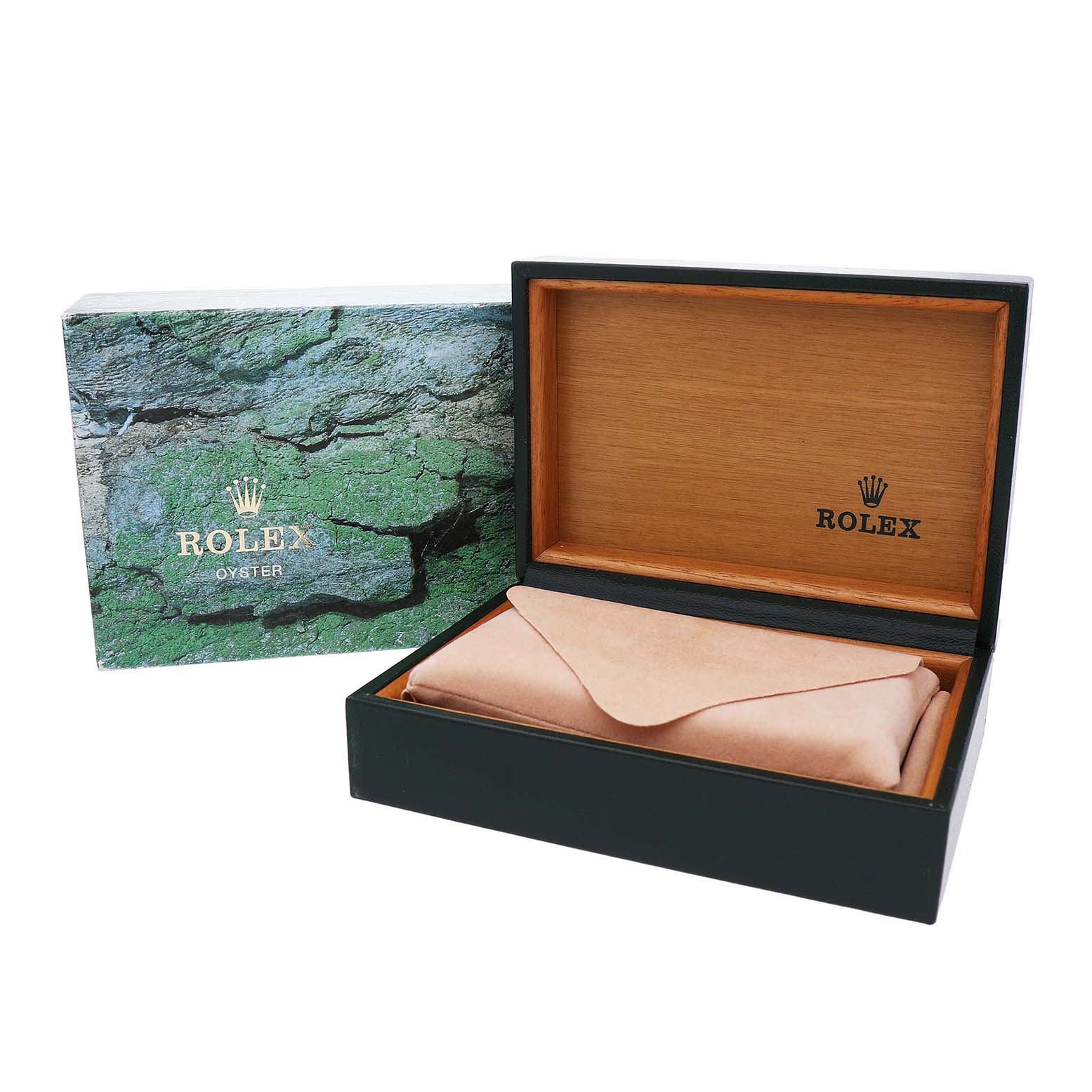 The image shows a Rolex Explorer 16570 Men's Stainless Steel White Dial box and pouch, with the box open at an angle displaying its interior.