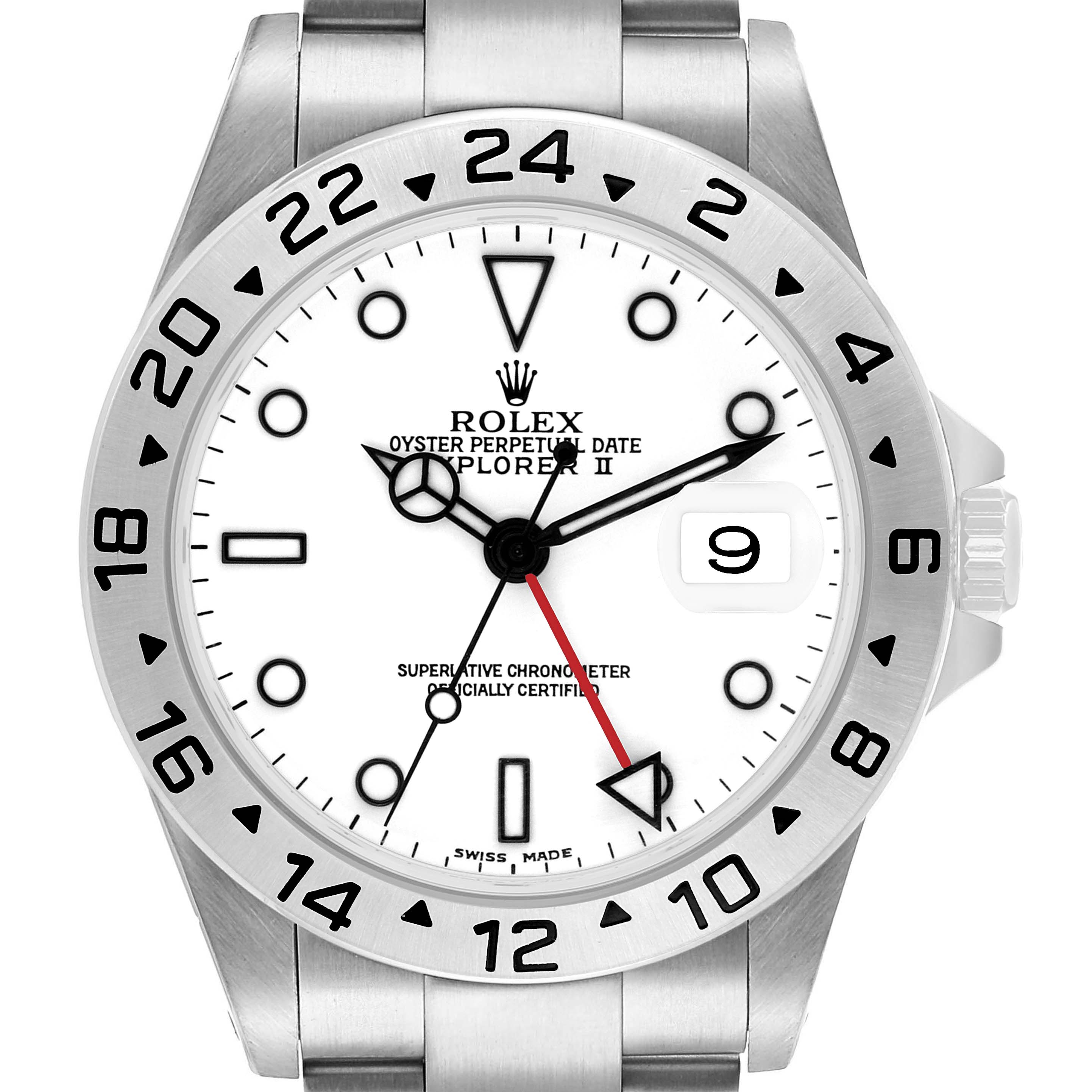 The image shows a frontal view of the Rolex Explorer 16570 Men's Stainless Steel White Dial II, displaying the dial, bezel, and bracelet.