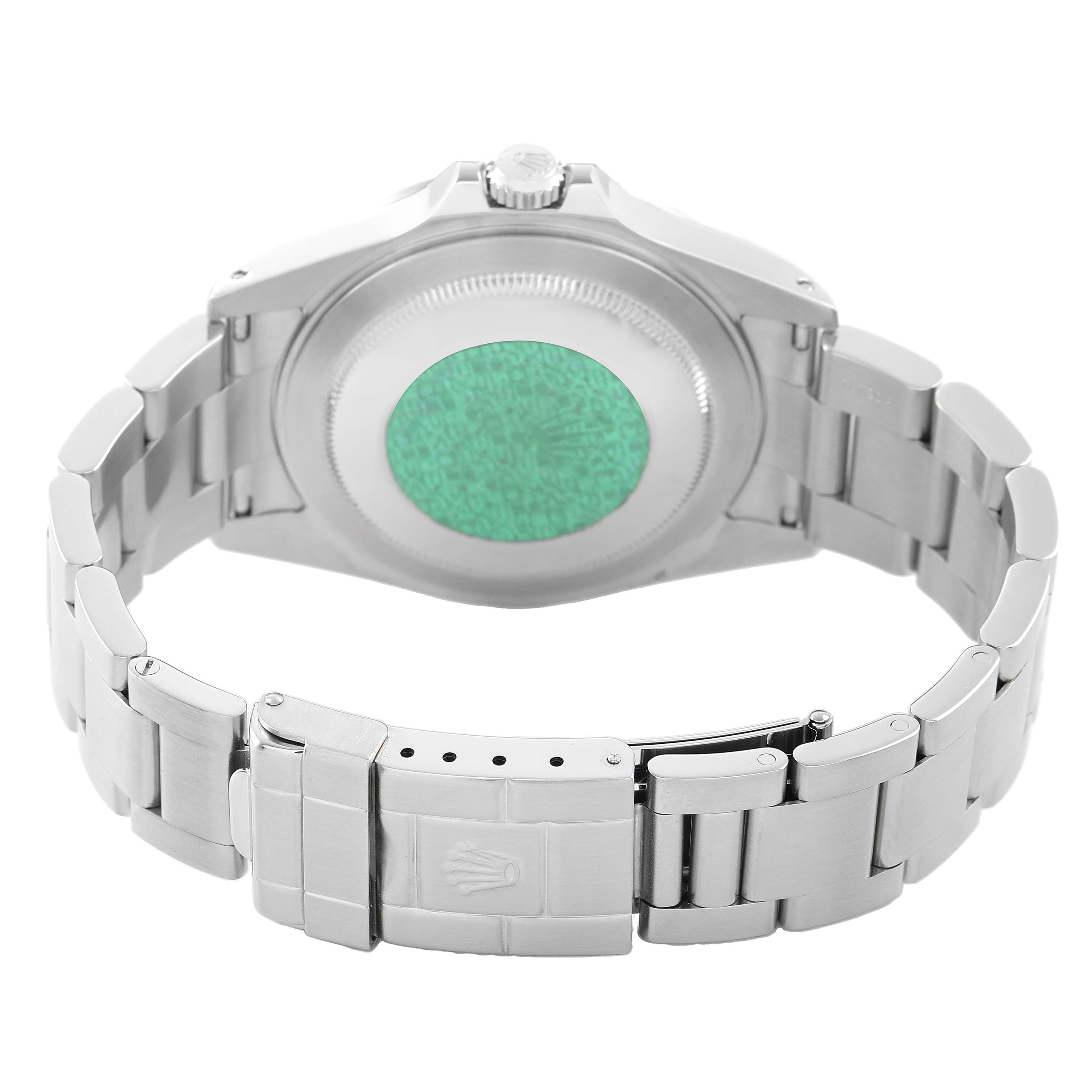 The image shows the back of a Rolex Explorer 16570 Men's Stainless Steel White Dial, highlighting the case back, bracelet, and clasp.