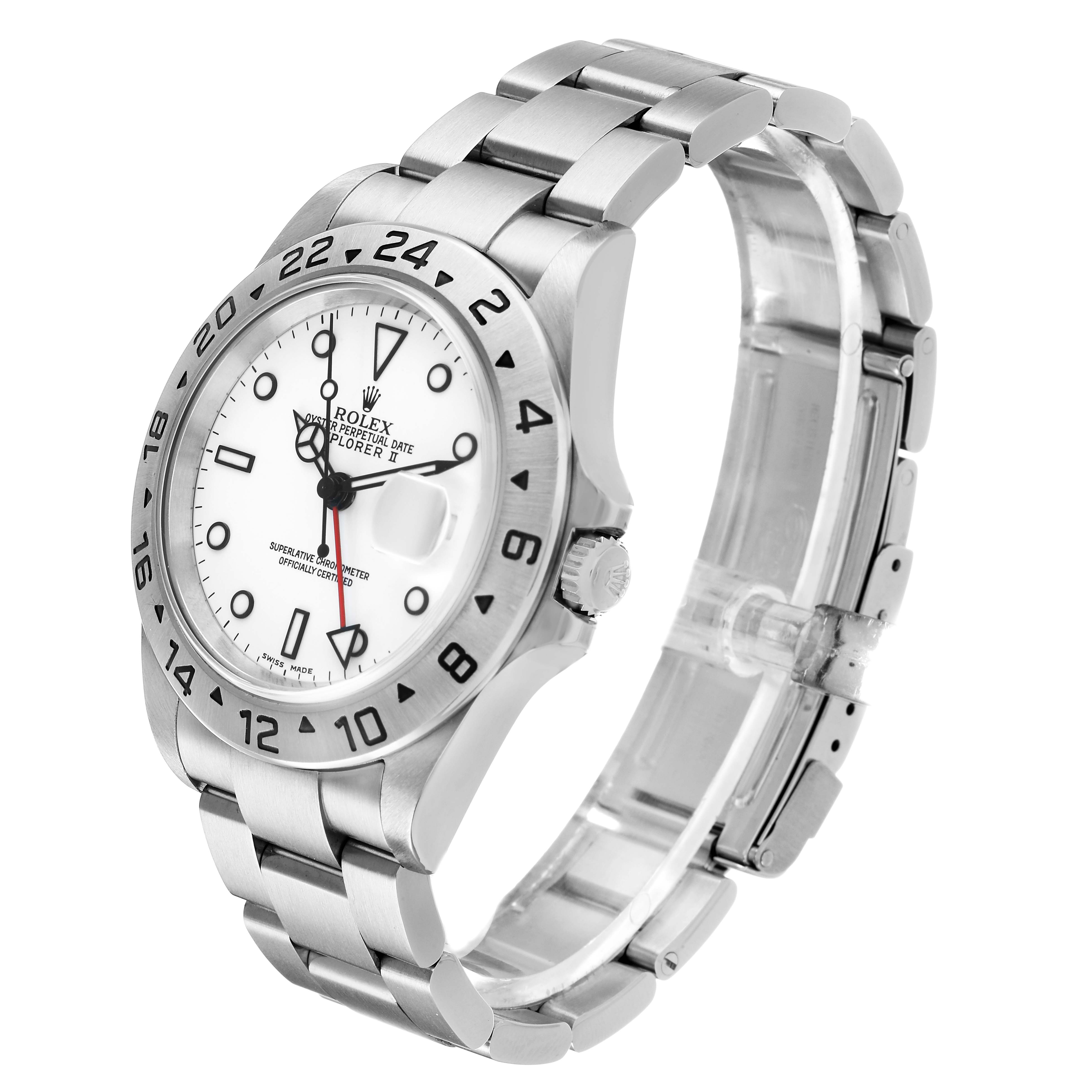 The Rolex Explorer 16570 Men's Stainless Steel White Dial watch is shown at a three-quarter angle, highlighting the bezel, dial, bracelet, and clasp.