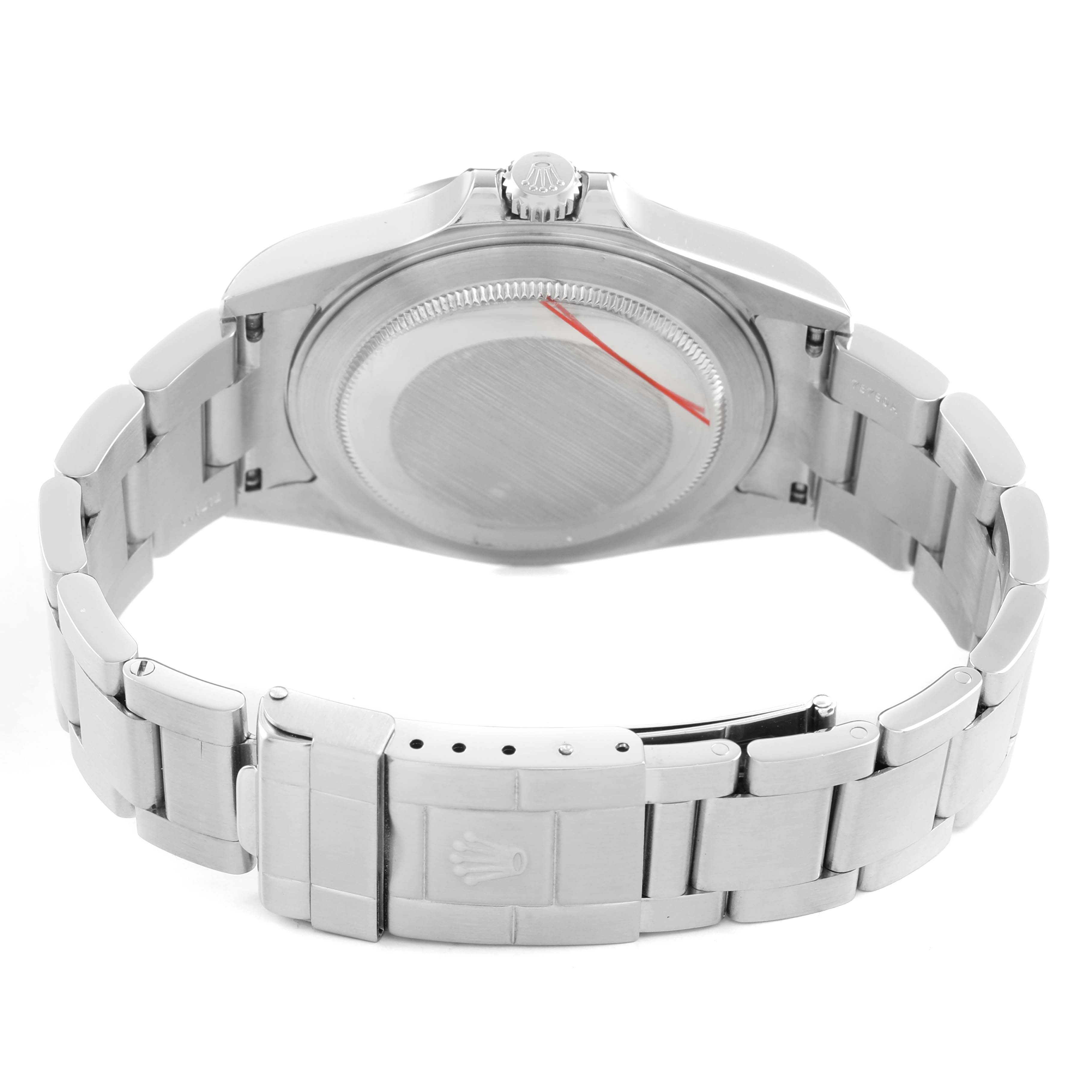 The image shows the back view of a Rolex Explorer 16570 Men's Stainless Steel White Dial watch, highlighting the case back, bracelet, and clasp with the crown logo.