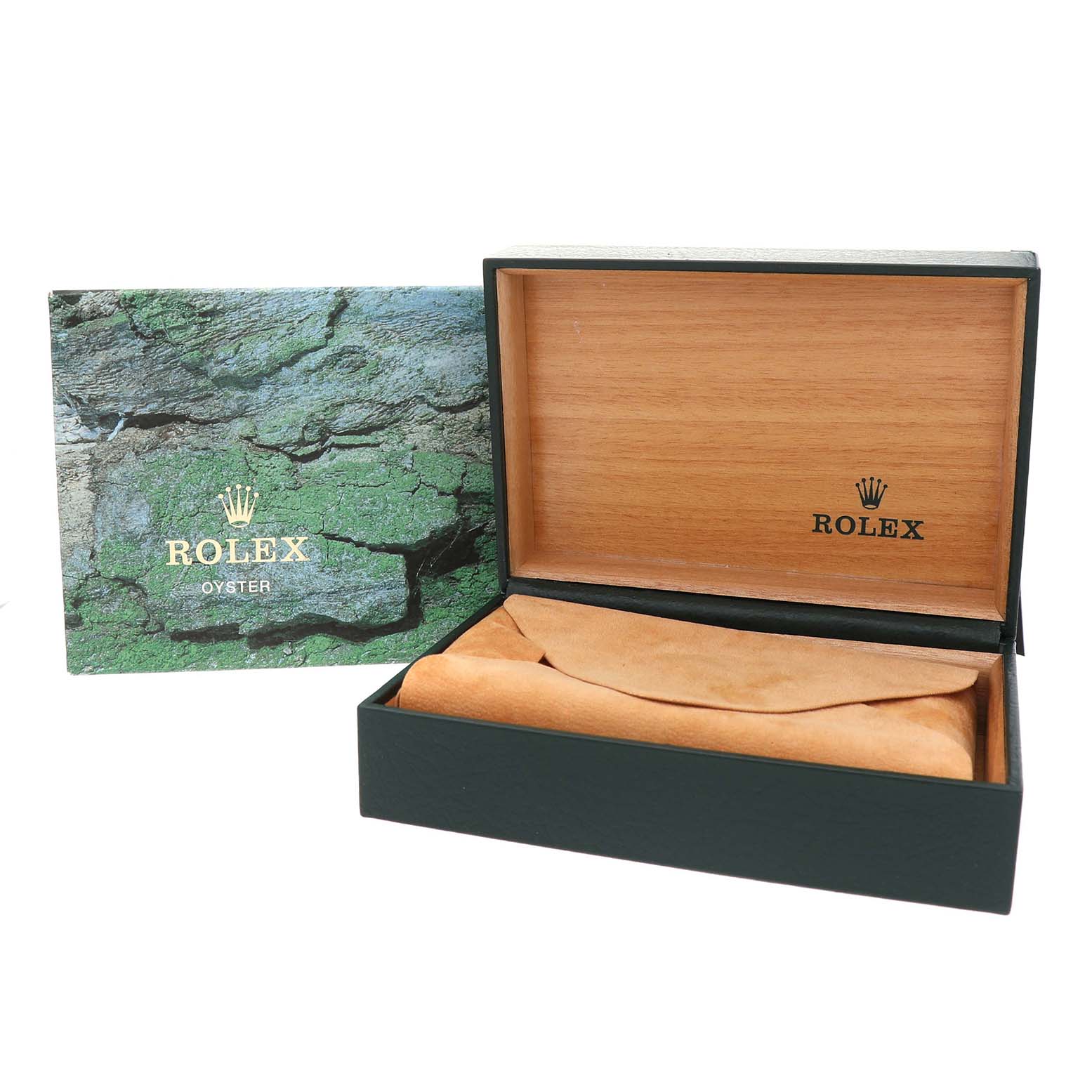 The image shows an open Rolex Oyster watch box for the Explorer model, revealing the inner lining and cushion.