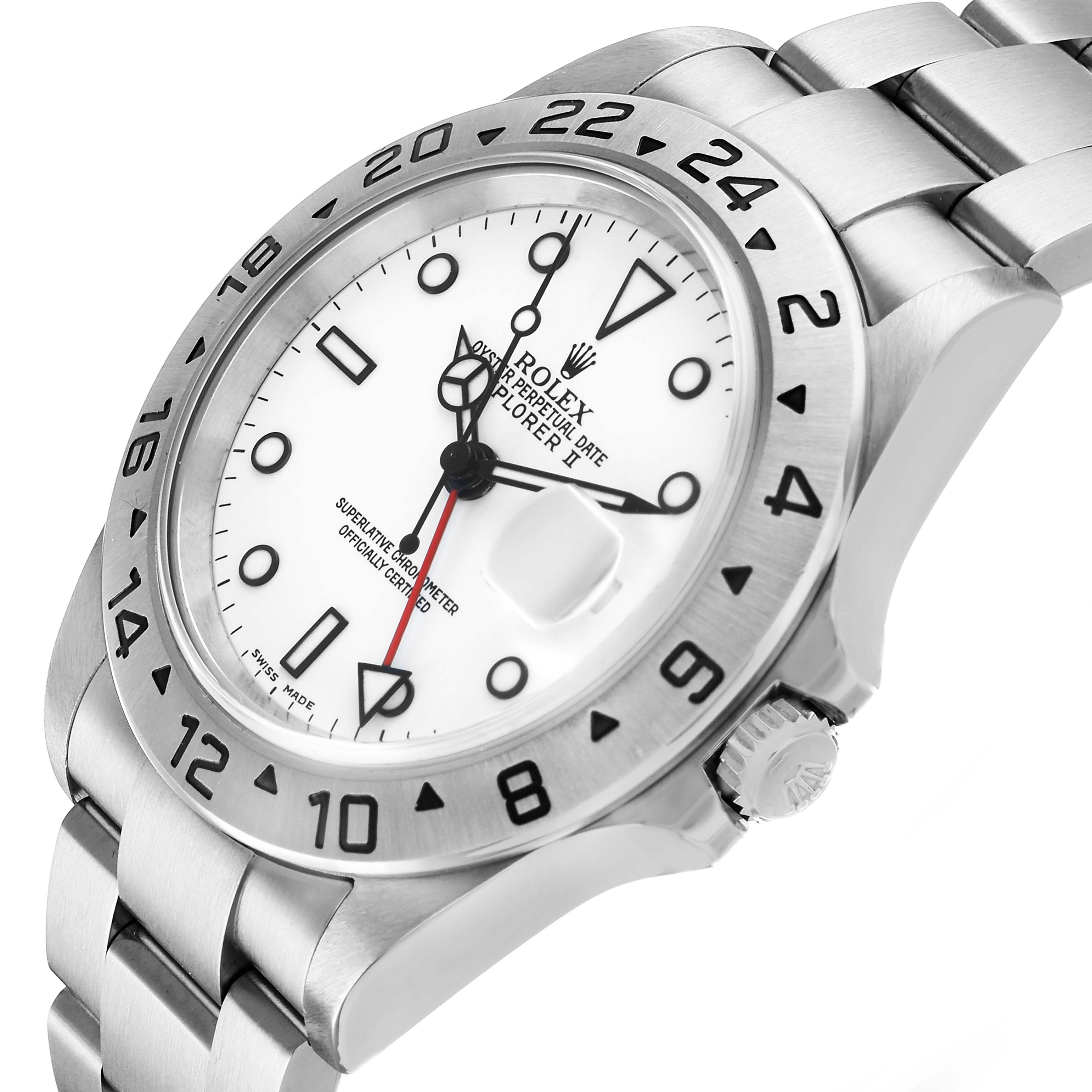 The image shows a side angle of the Rolex Explorer 16570 Men's Stainless Steel White Dial watch, highlighting the bezel, crown, and part of the bracelet.