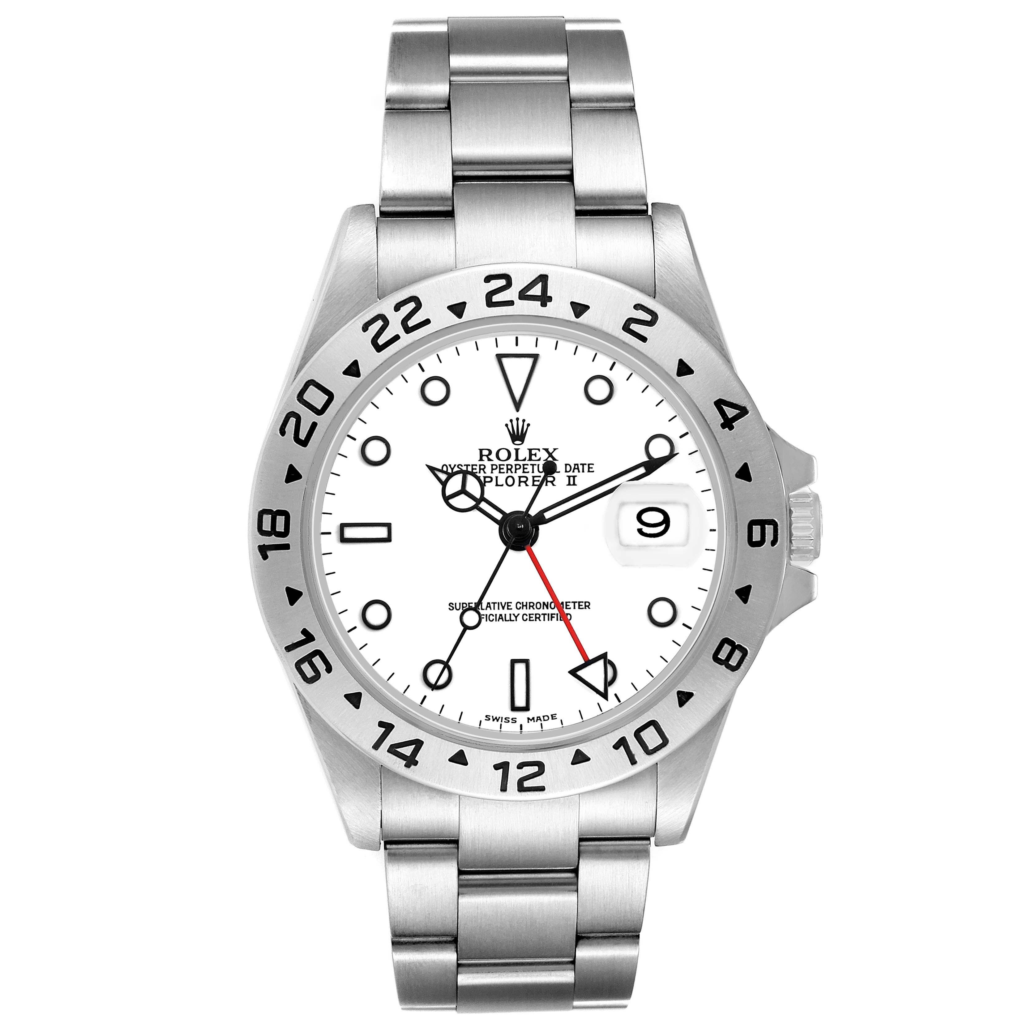 The Rolex Explorer 16570 Men's Stainless Steel White Dial II watch is shown from a frontal angle, highlighting the face, bezel, and bracelet.