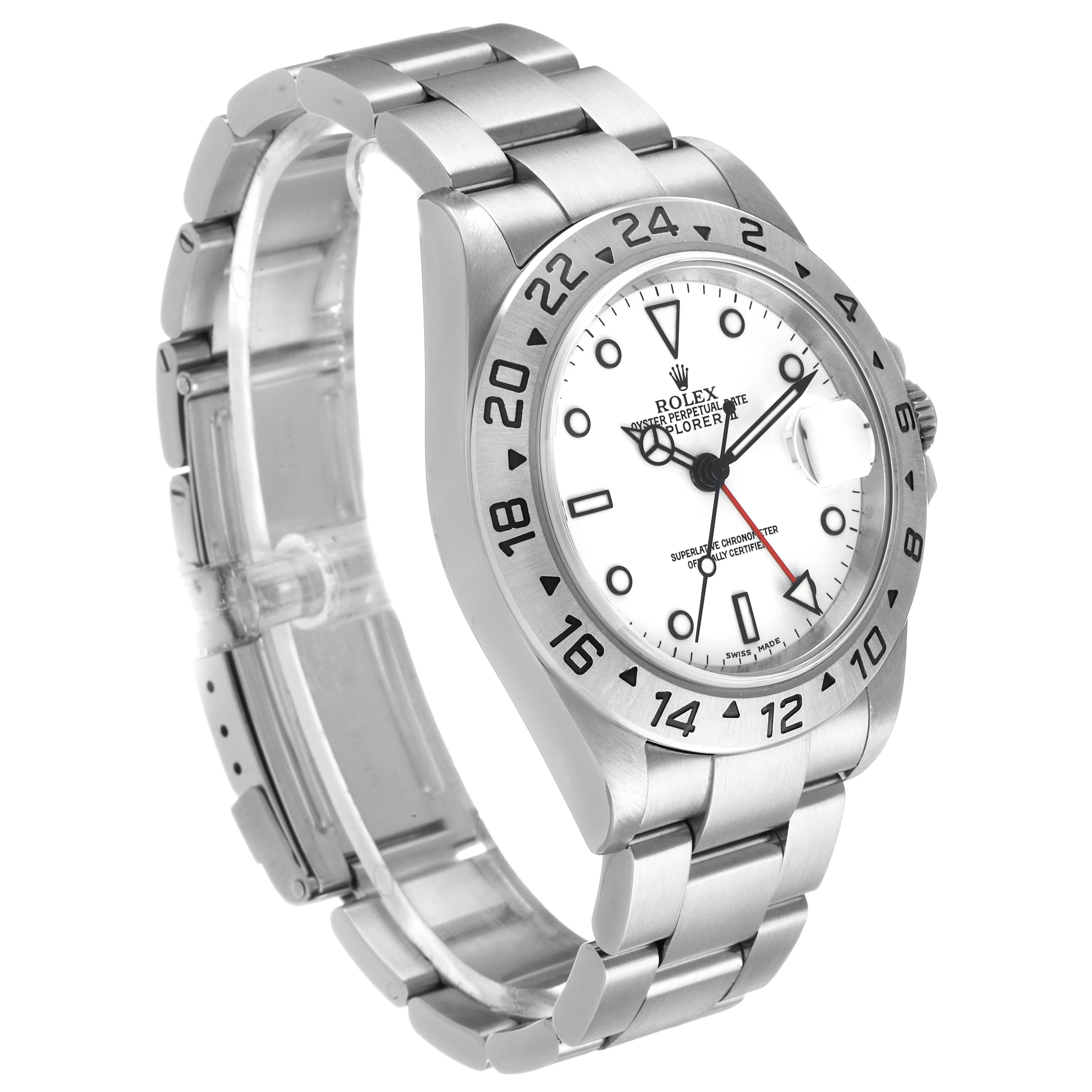 The Rolex Explorer 16570 Men's Stainless Steel White Dial watch is shown from a three-quarter angle highlighting the dial, bezel, and bracelet.