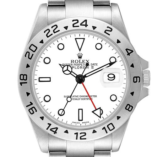 The Rolex Explorer 16570 Men's Stainless Steel White Dial model is shown from a front angle, highlighting the bezel, dial, hands, and date window.