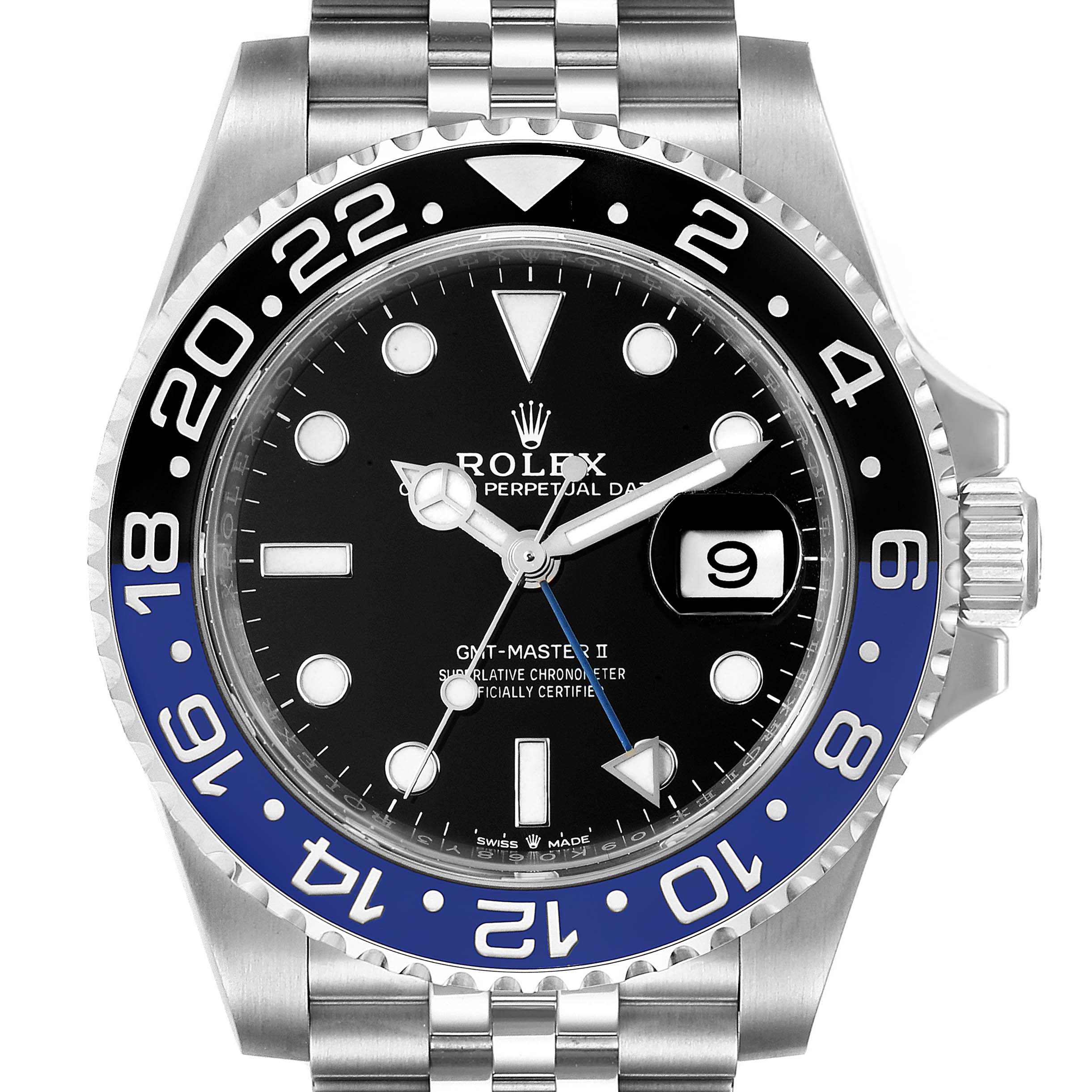 This image shows a front view of the Rolex GMT-Master 126710 Men's Stainless Steel Black Dial 126710 Men's Stainless Steel Black Dial II watch, displaying its bezel, dial, and bracelet.