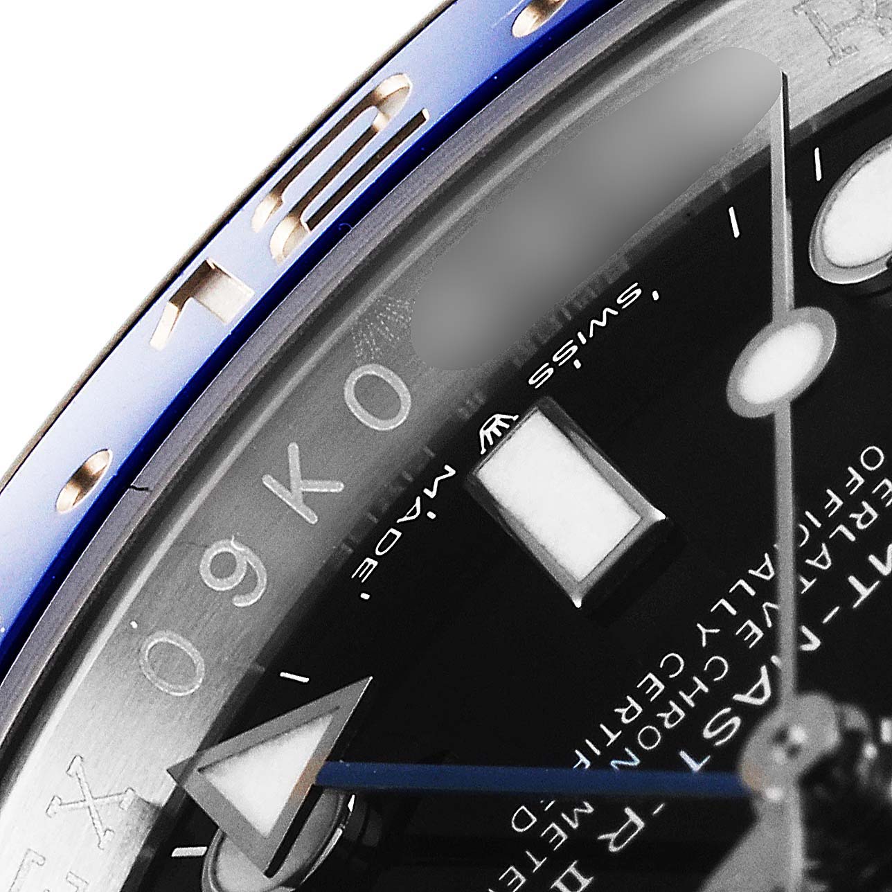 The image shows a close-up of the bezel, part of the dial, and hands of a Rolex GMT-Master 126710 Men's Stainless Steel Black Dial 126710 Men's Stainless Steel Black Dial watch.