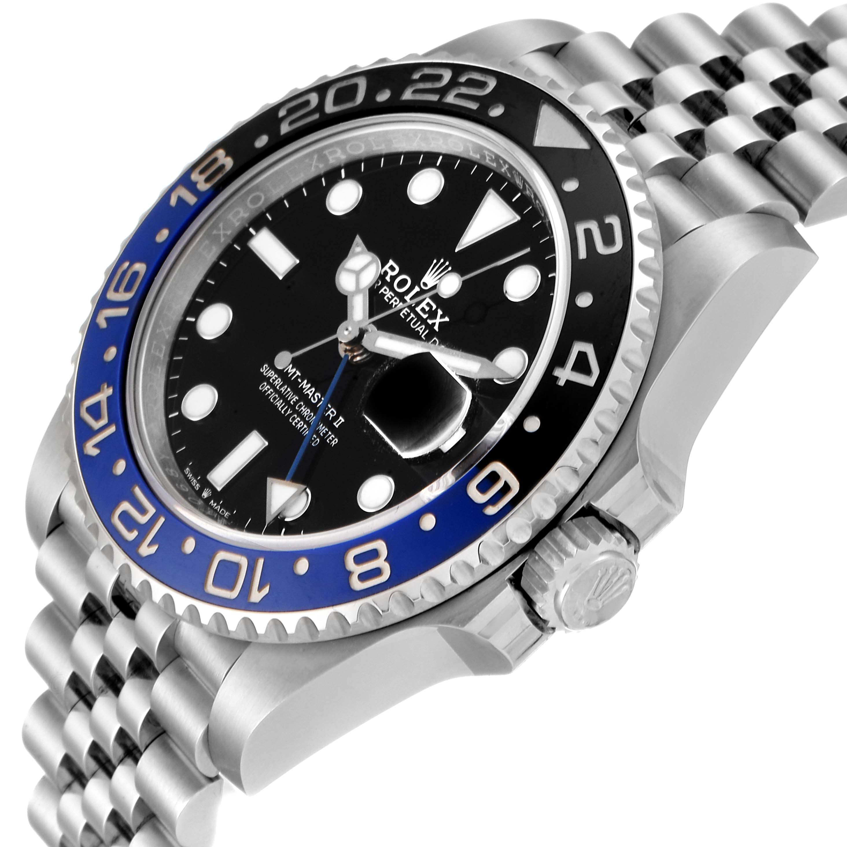 This image shows a Rolex GMT-Master 126710 Men's Stainless Steel Black Dial 126710 Men's Stainless Steel Black Dial watch at an angle displaying the bezel, face, and part of the Jubilee bracelet.