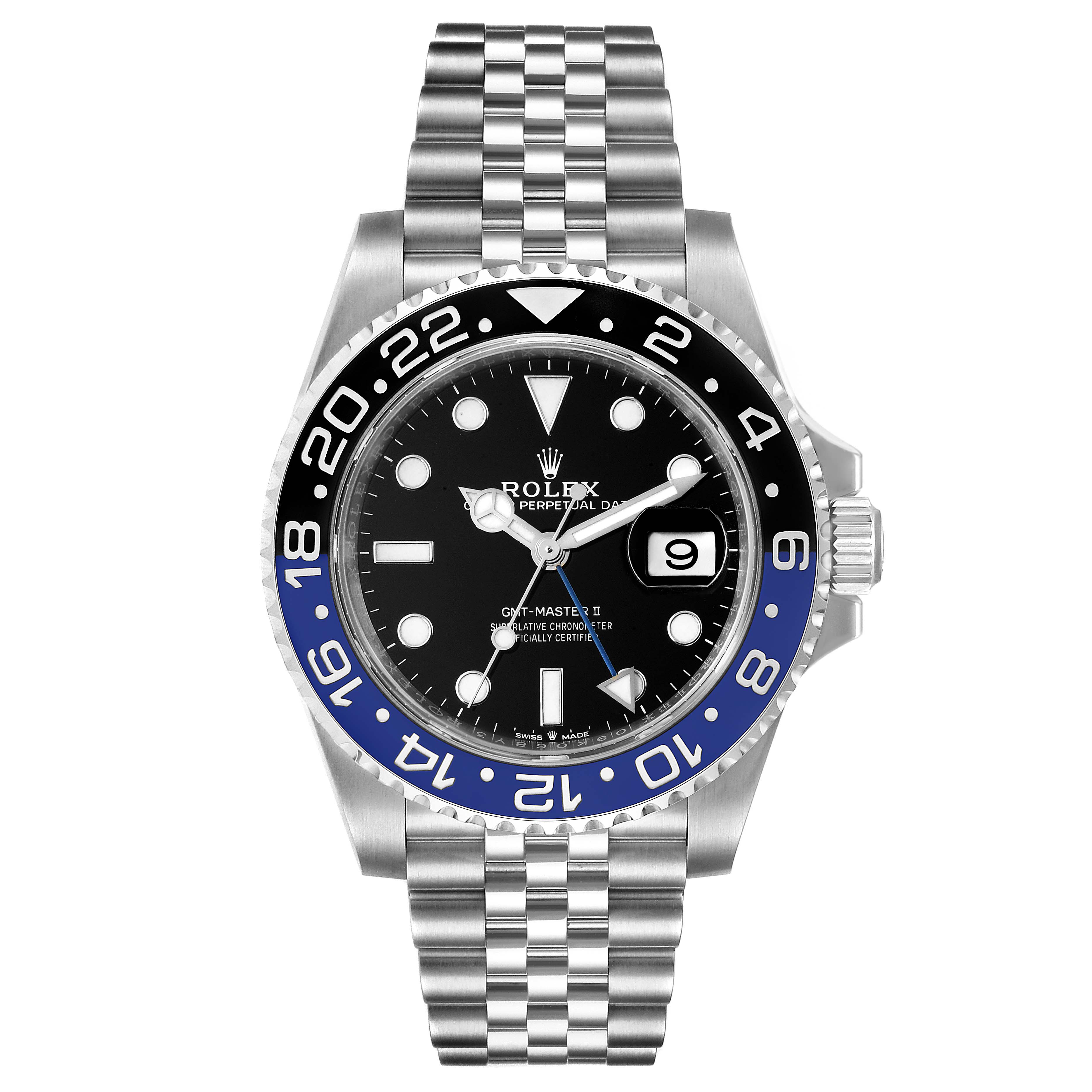 The image shows a frontal view of the Rolex GMT-Master 126710 Men's Stainless Steel Black Dial 126710 Men's Stainless Steel Black Dial II watch, displaying its dial, bezel, and bracelet clearly.