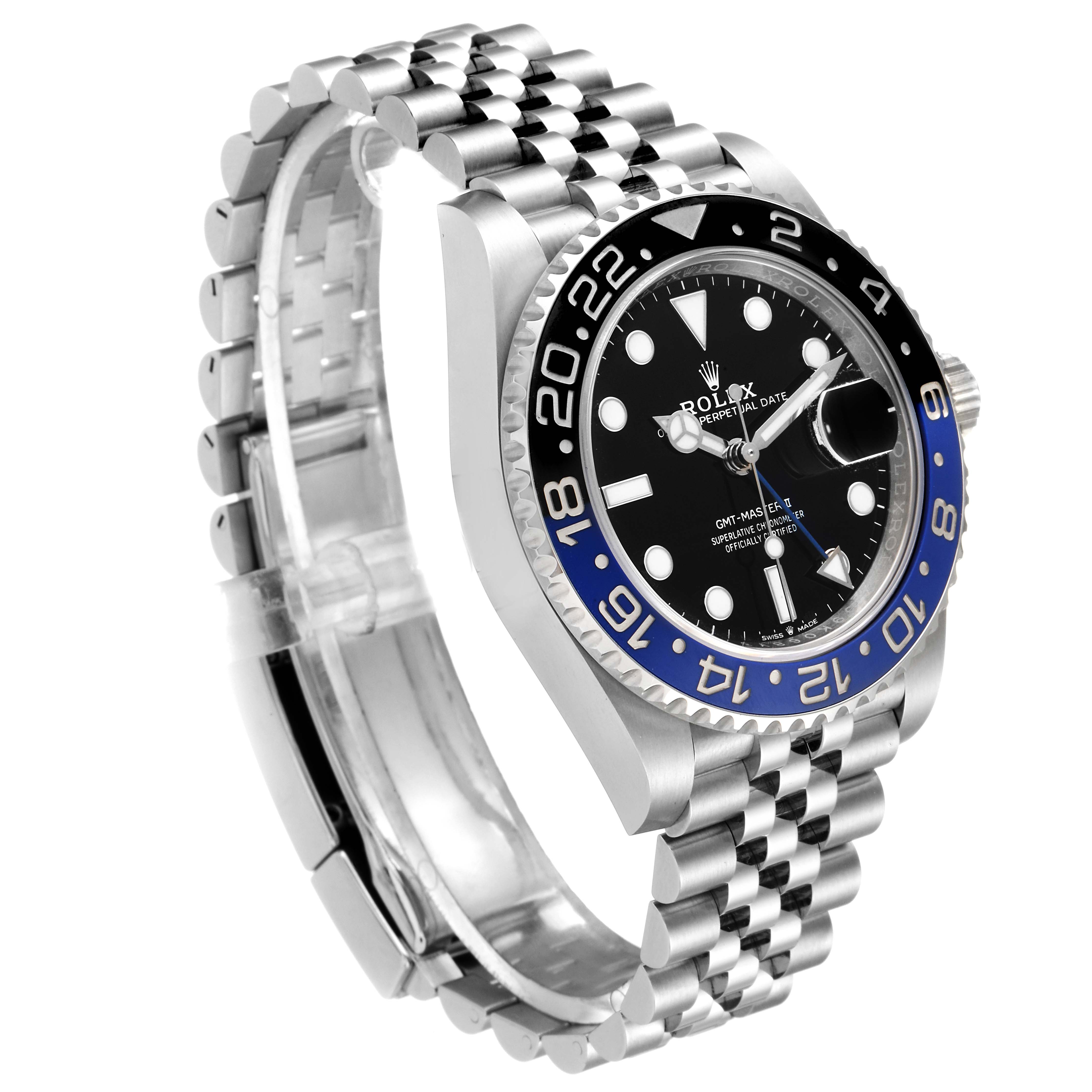 This image shows a side angle of the Rolex GMT-Master 126710 Men's Stainless Steel Black Dial 126710 Men's Stainless Steel Black Dial watch, highlighting the bezel, dial, bracelet, and clasp.
