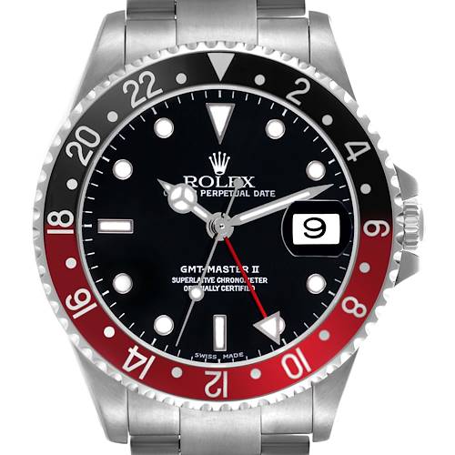 The Rolex GMT-Master watch is shown from the front, displaying the bezel, dial, hands, and part of the bracelet.