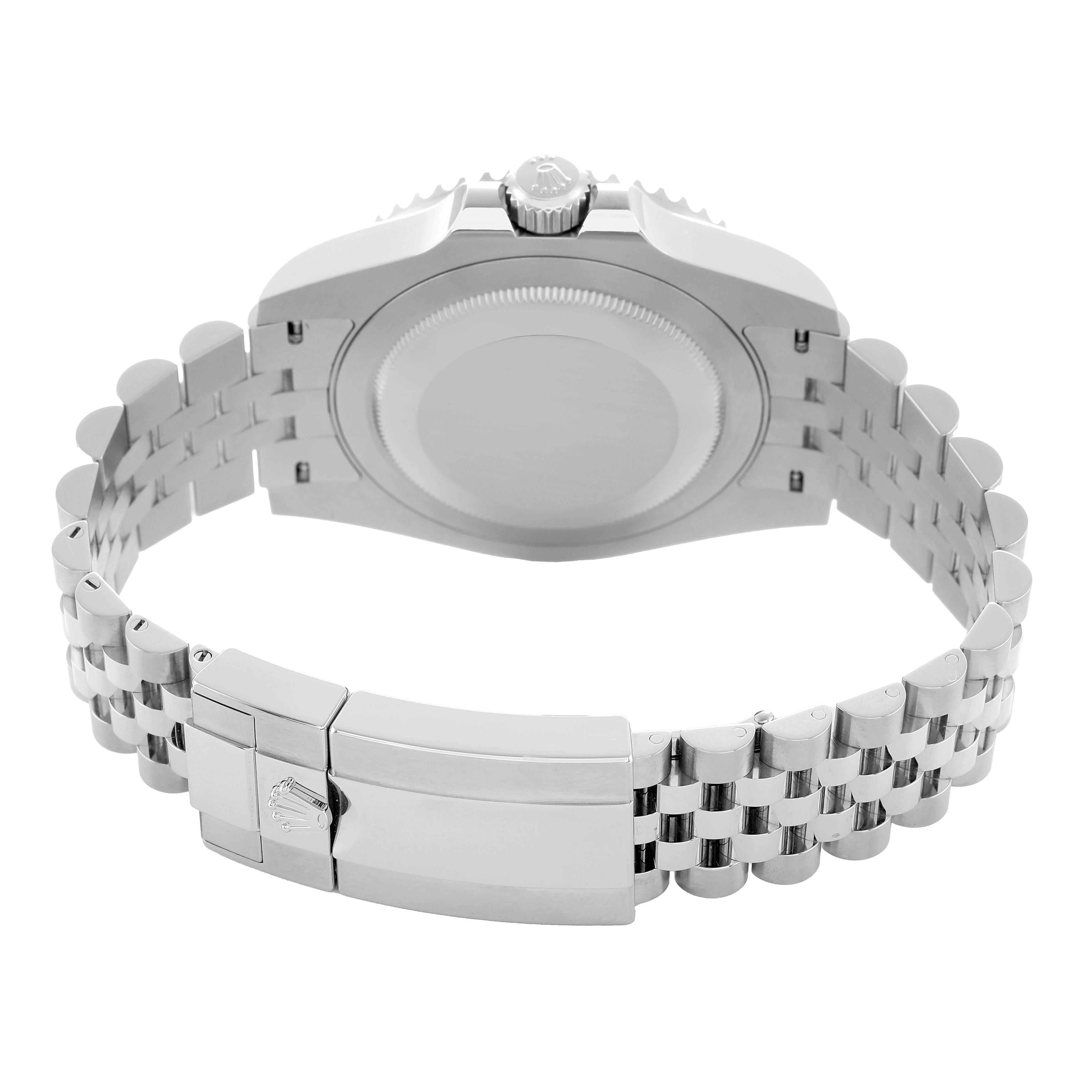 The image shows the back of a Rolex GMT-Master 126710GRNR Men's Stainless Steel Black Dial, highlighting the clasp and case back from a rear angle.