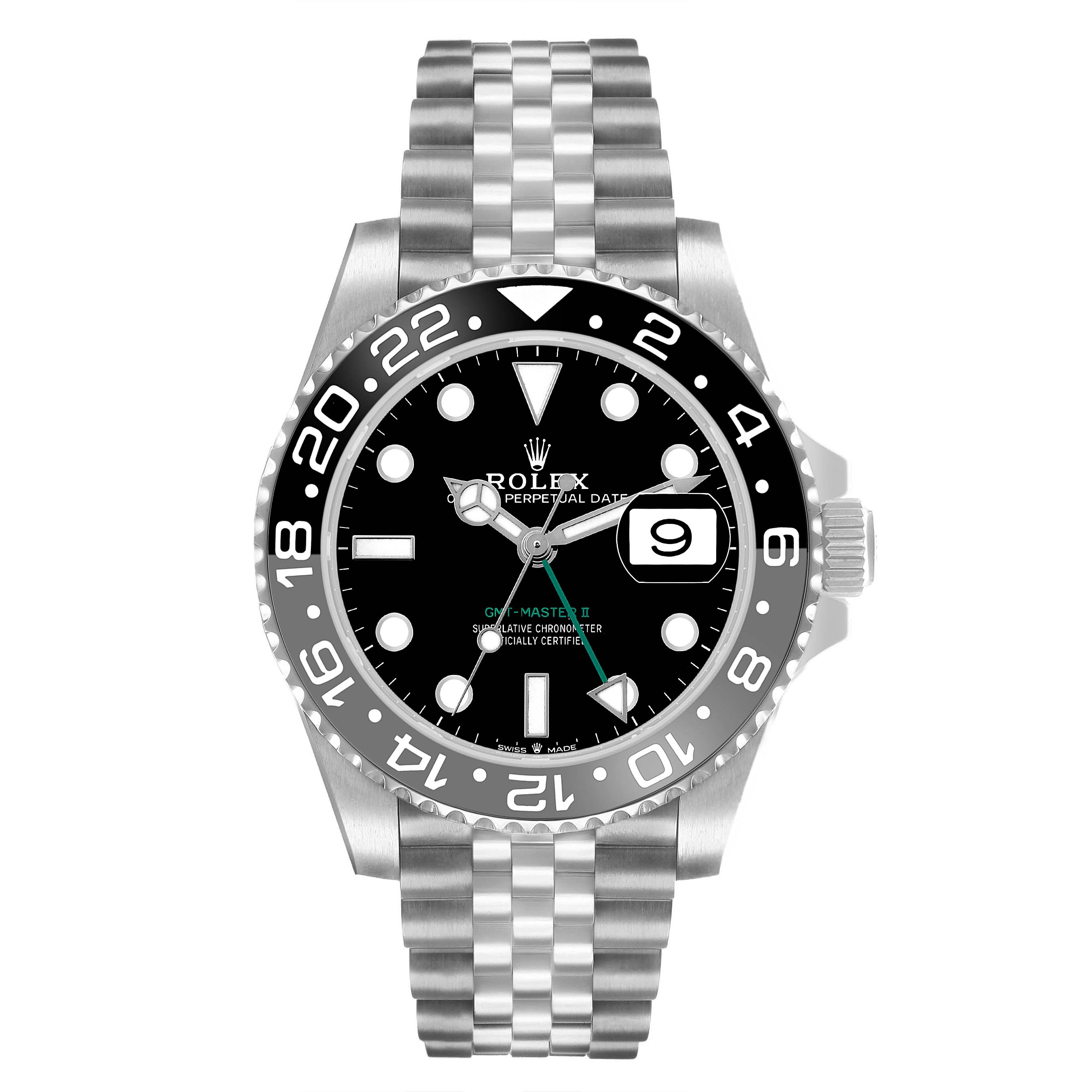The Rolex GMT-Master 126710GRNR Men's Stainless Steel Black Dial watch is shown from the front, highlighting the bezel, dial, hands, and date feature.