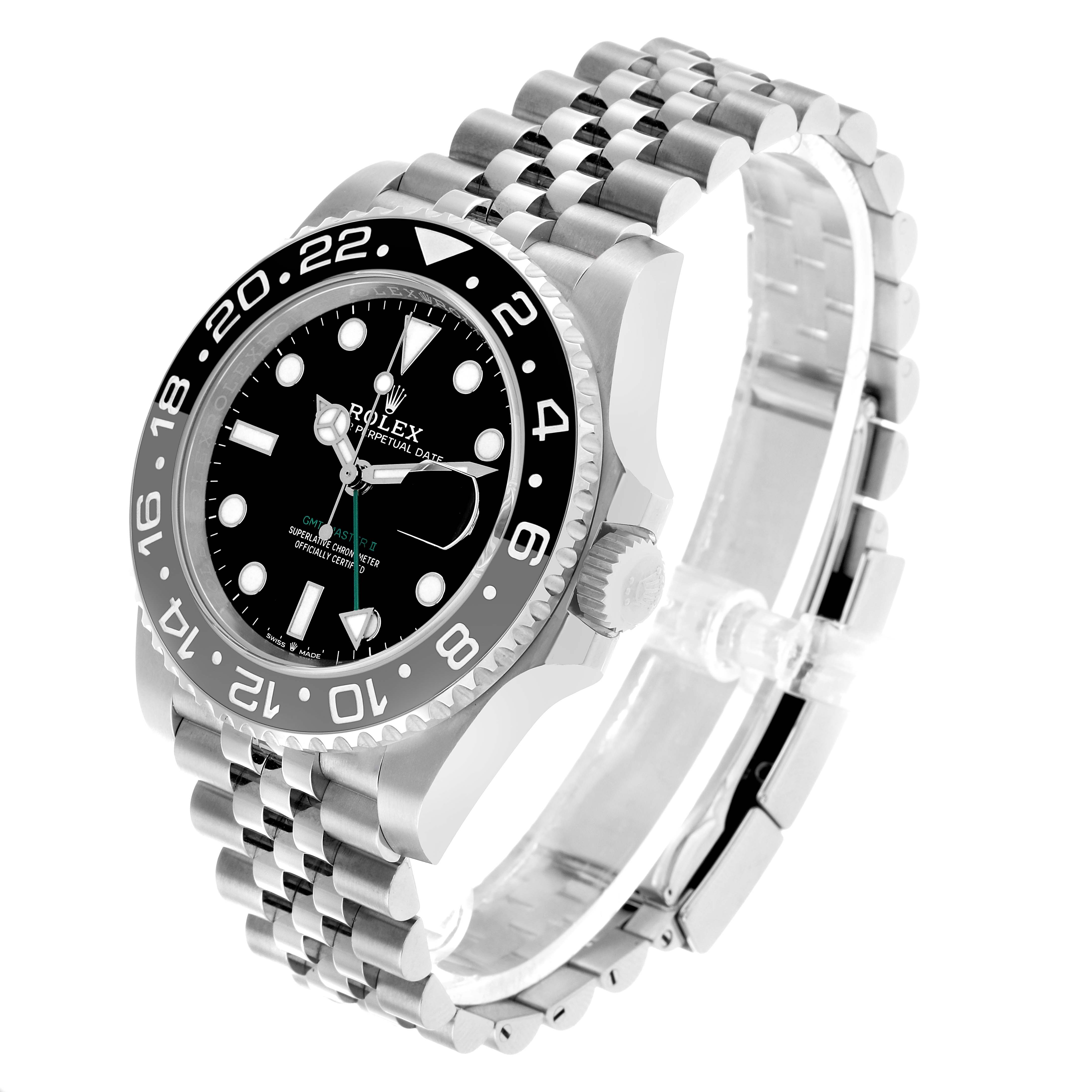 The image shows a Rolex GMT-Master 126710GRNR Men's Stainless Steel Black Dial watch at a three-quarter angle, displaying the dial, bezel, crown, and bracelet.
