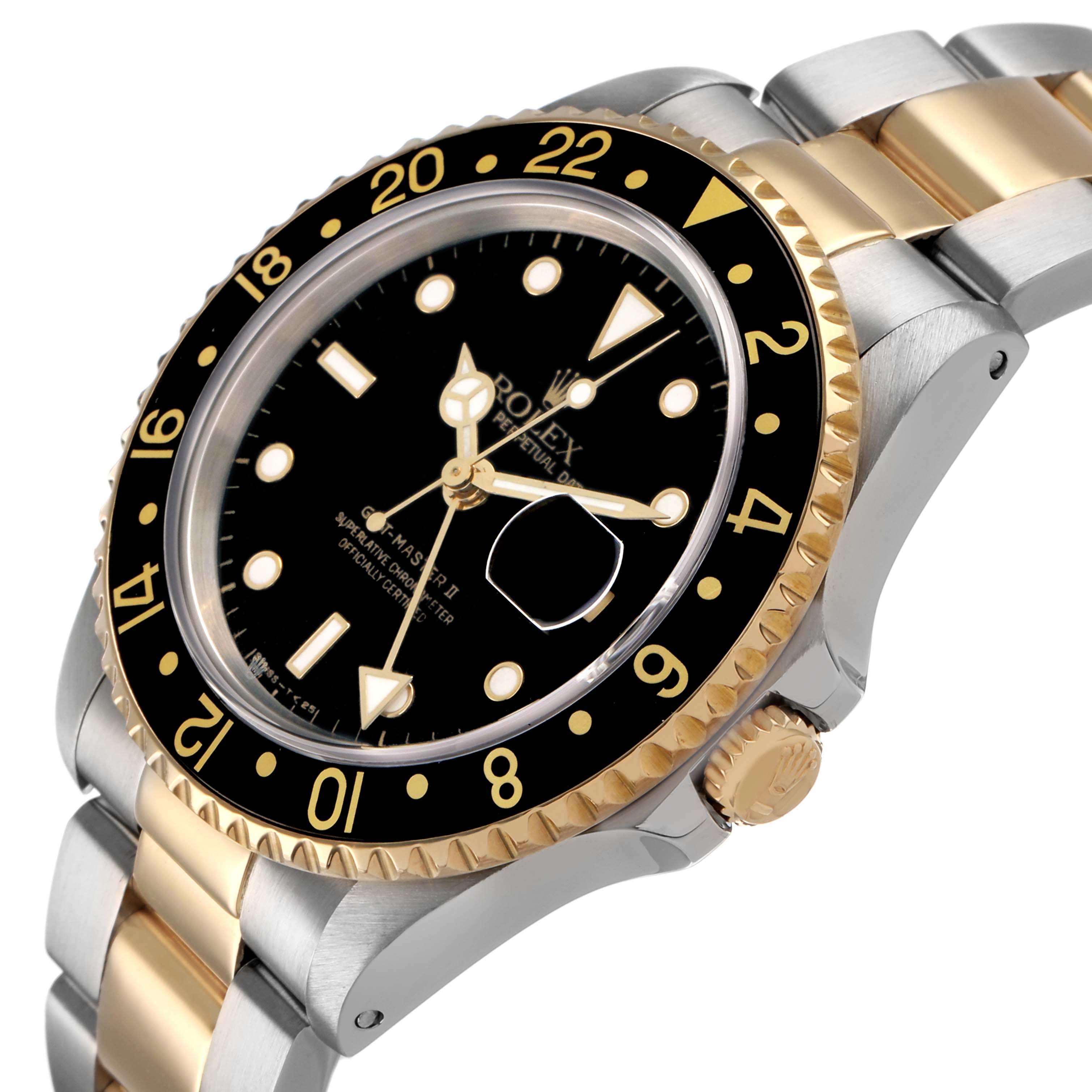 The Rolex GMT-Master 16713 Men's Steel and Gold (two tone) Black Dial watch is shown at a slight angle, displaying the bezel, crown, and part of the bracelet.