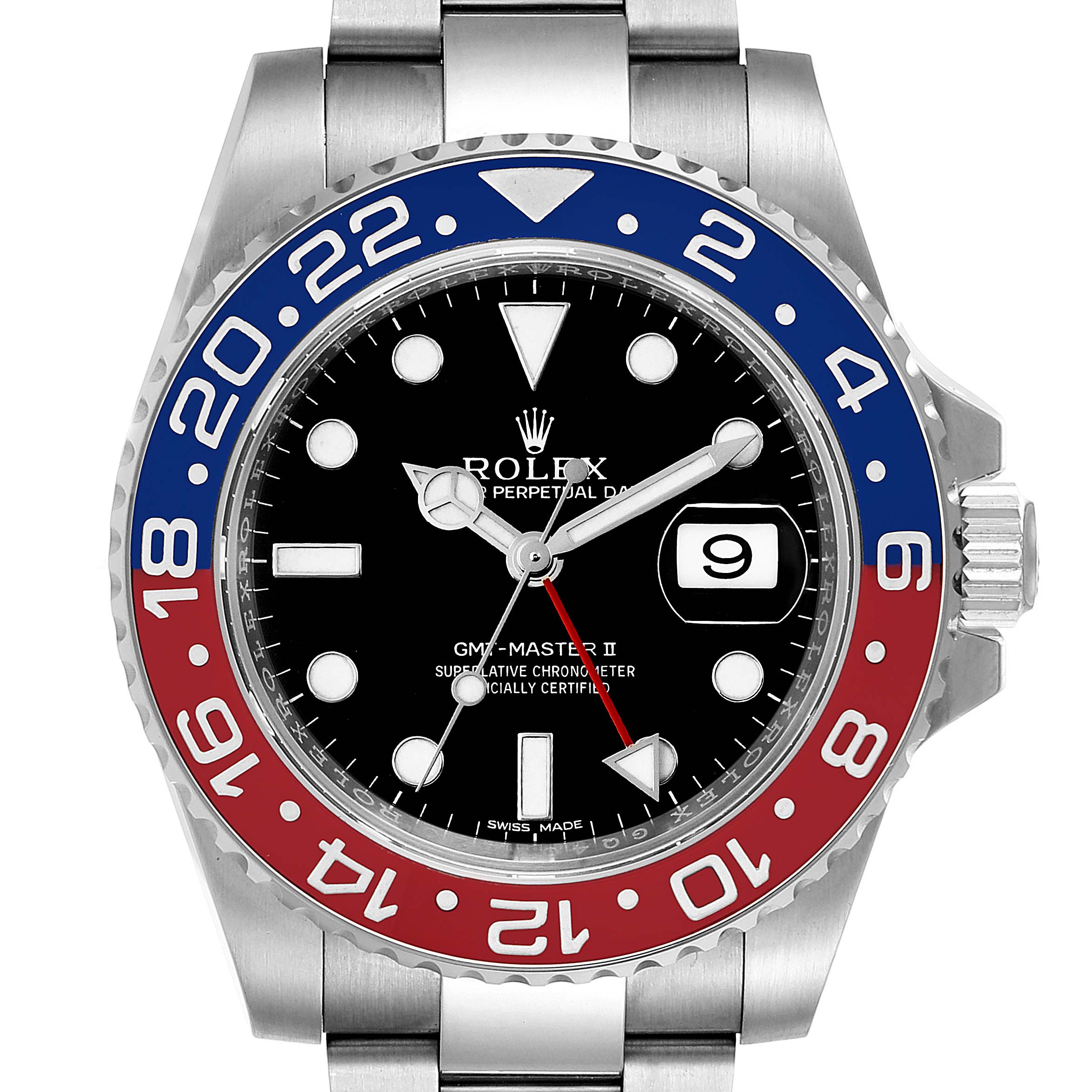 This image shows a front view of a Rolex GMT-Master 116719 Men's White Gold Black Dial 116719 Men's White Gold Black Dial II watch, displaying its bezel, dial, and part of the bracelet.