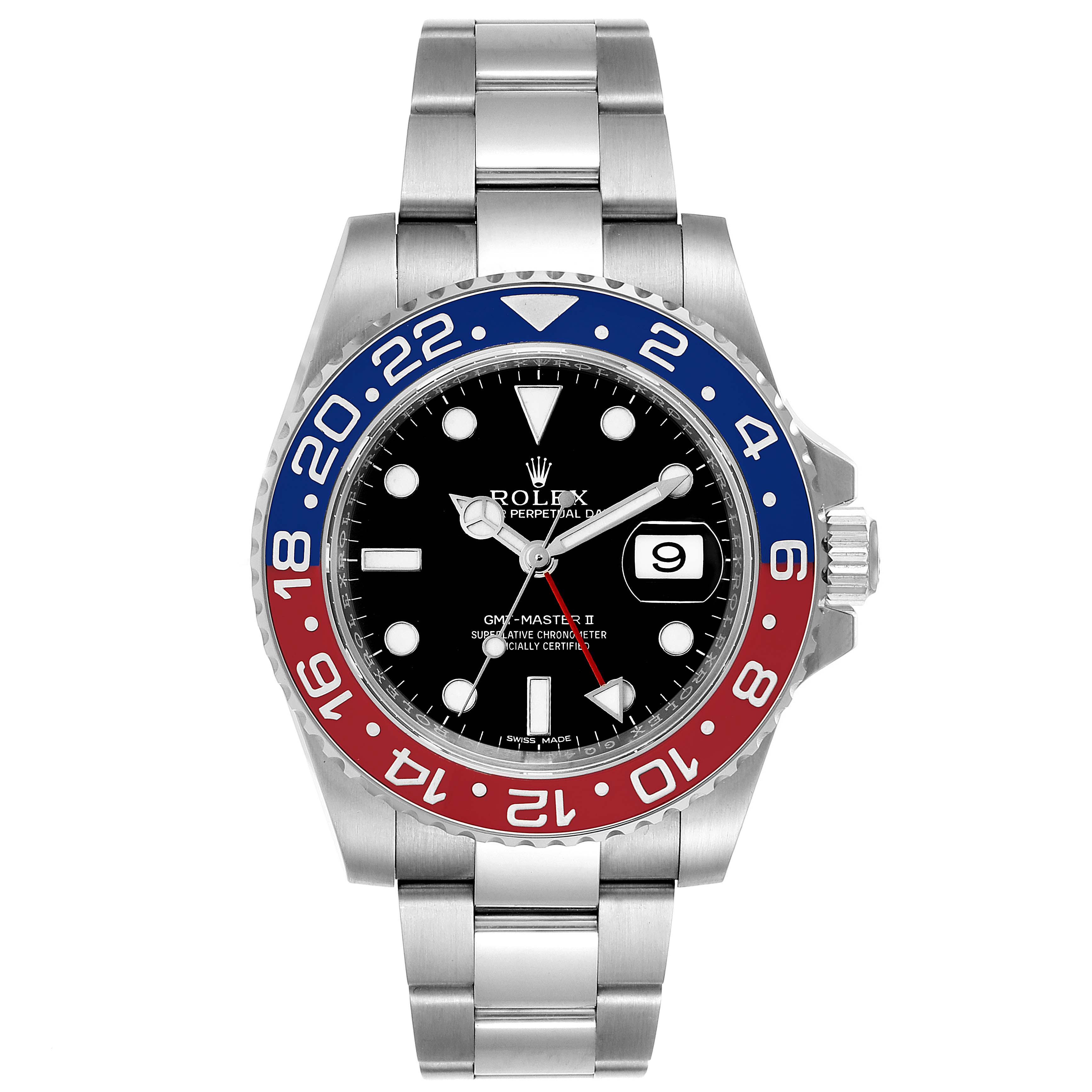 The Rolex GMT-Master 116719 Men's White Gold Black Dial 116719 Men's White Gold Black Dial II watch is shown from a front angle, displaying its bezel, dial, case, and bracelet.