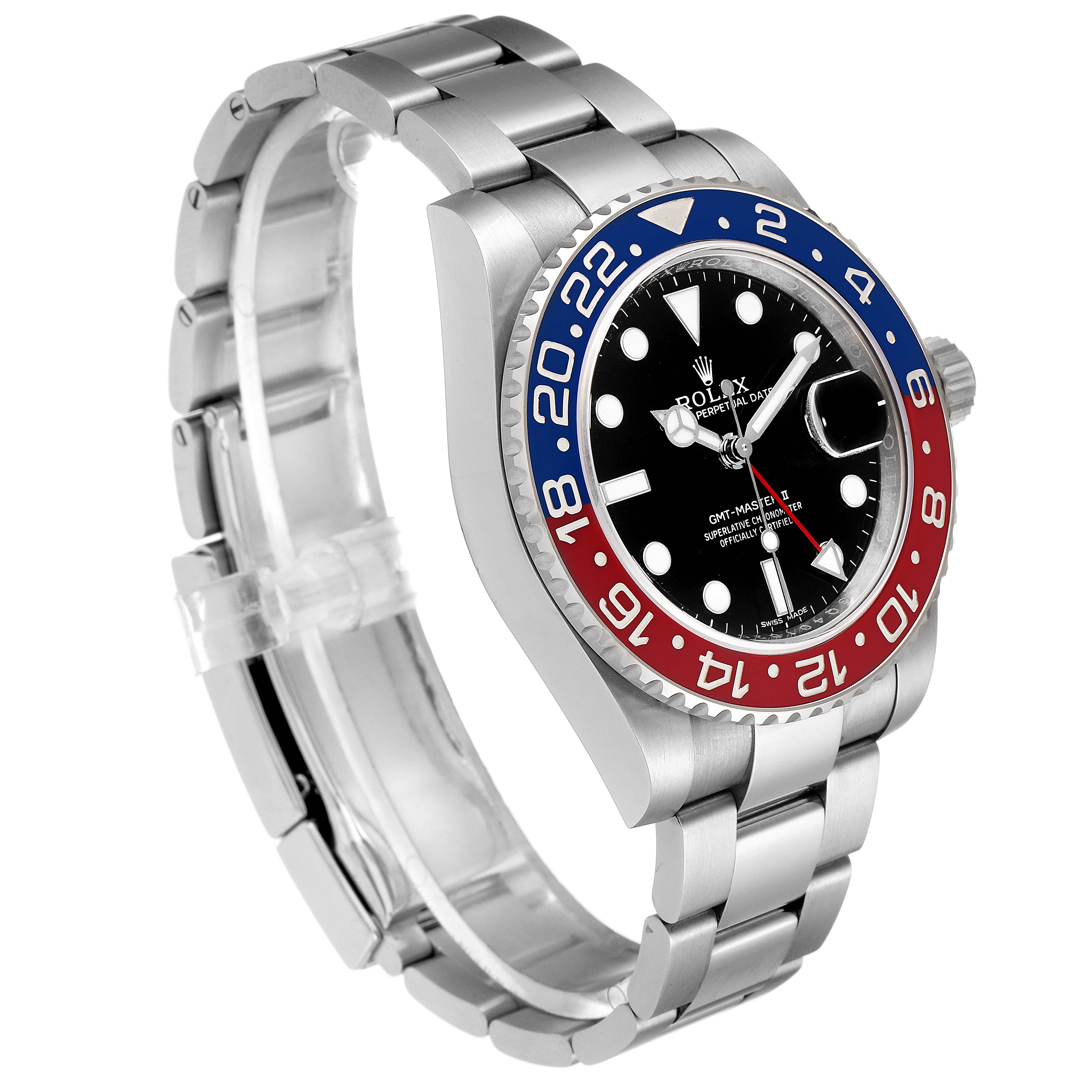 The image shows a side view of the Rolex GMT-Master 116719 Men's White Gold Black Dial 116719 Men's White Gold Black Dial watch, highlighting the bezel, dial, and partially the bracelet.