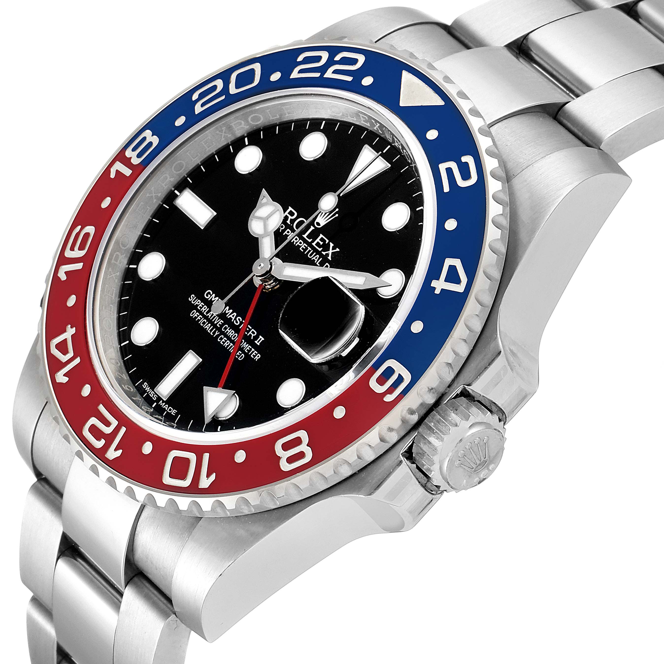 The image shows a side and top angle of the Rolex GMT-Master 116719 Men's White Gold Black Dial 116719 Men's White Gold Black Dial II watch, highlighting the bezel, crown, face, and part of the bracelet.