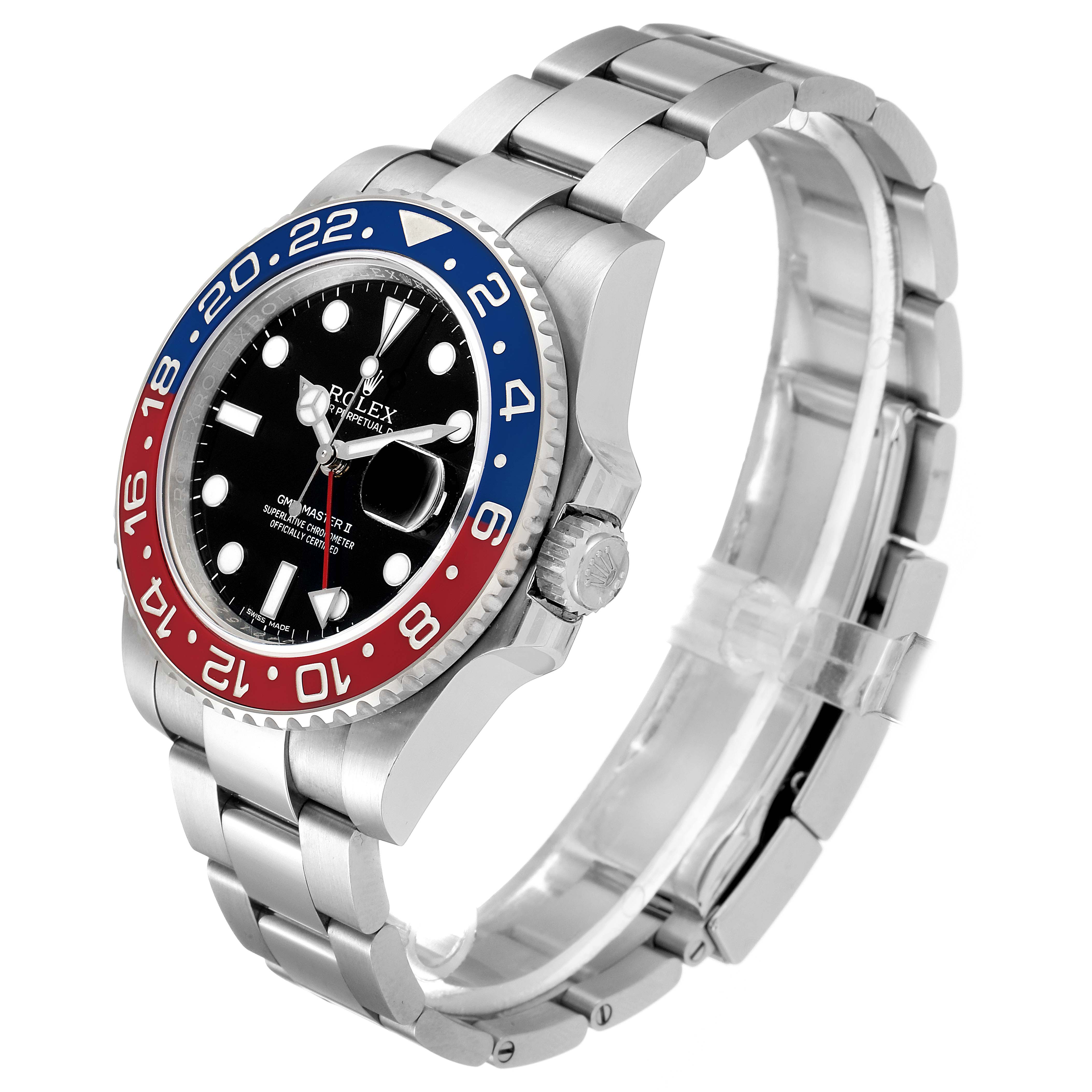 The image shows a Rolex GMT-Master 116719 Men's White Gold Black Dial 116719 Men's White Gold Black Dial II watch at a side angle, highlighting the Oyster bracelet and the bi-colored bezel.