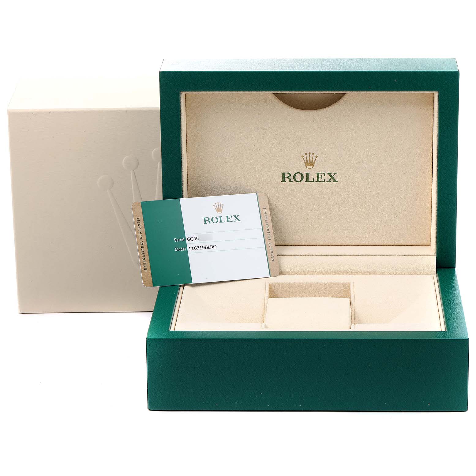 This image shows the packaging box and warranty card for a Rolex GMT-Master 116719 Men's White Gold Black Dial 116719 Men's White Gold Black Dial watch.