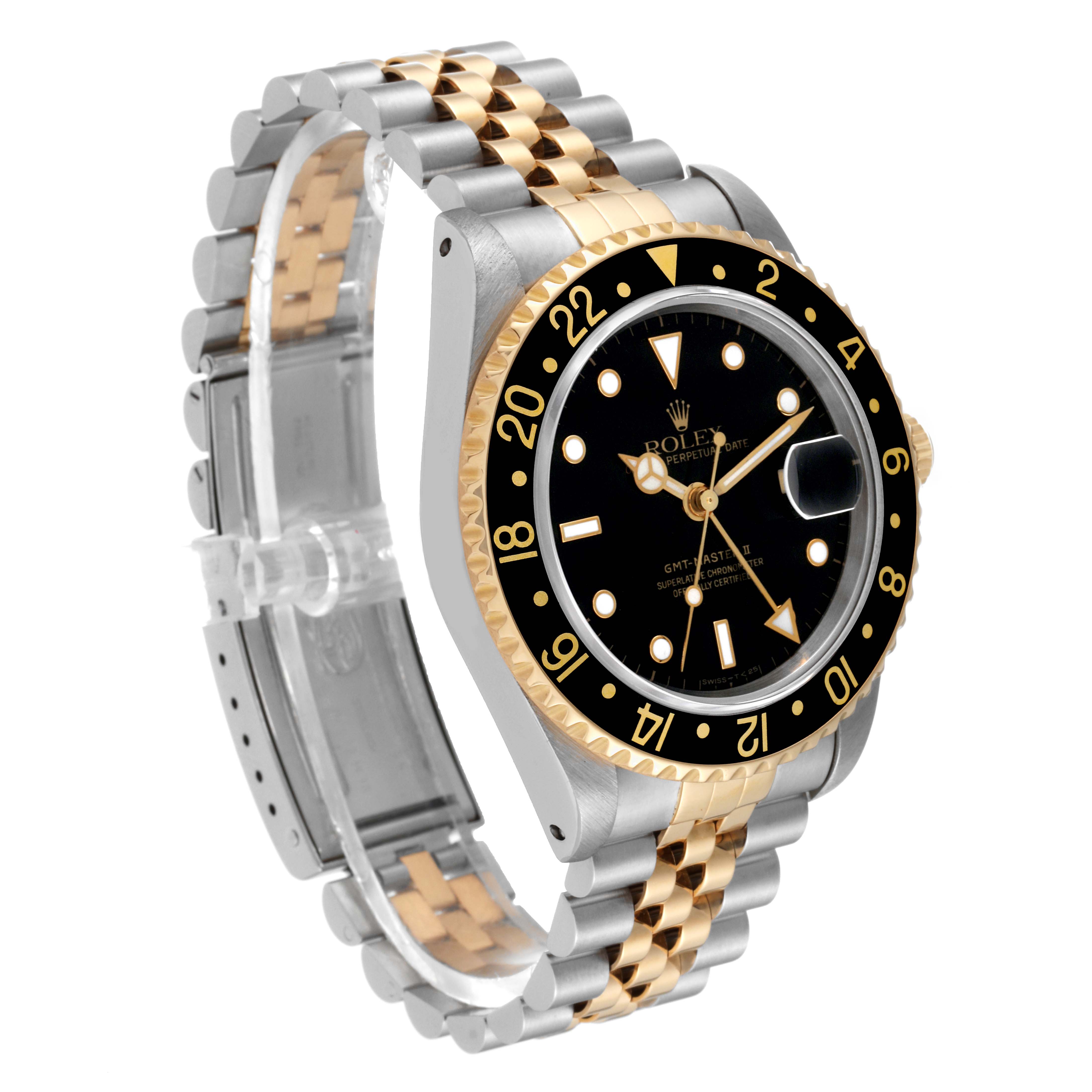 The image shows a Rolex GMT-Master 16713 Men's Steel and Gold (two tone) Black Dial 16713 Men's Steel and Gold (two tone) Black Dial watch angled from the front left, highlighting the face, bezel, and two-tone bracelet.