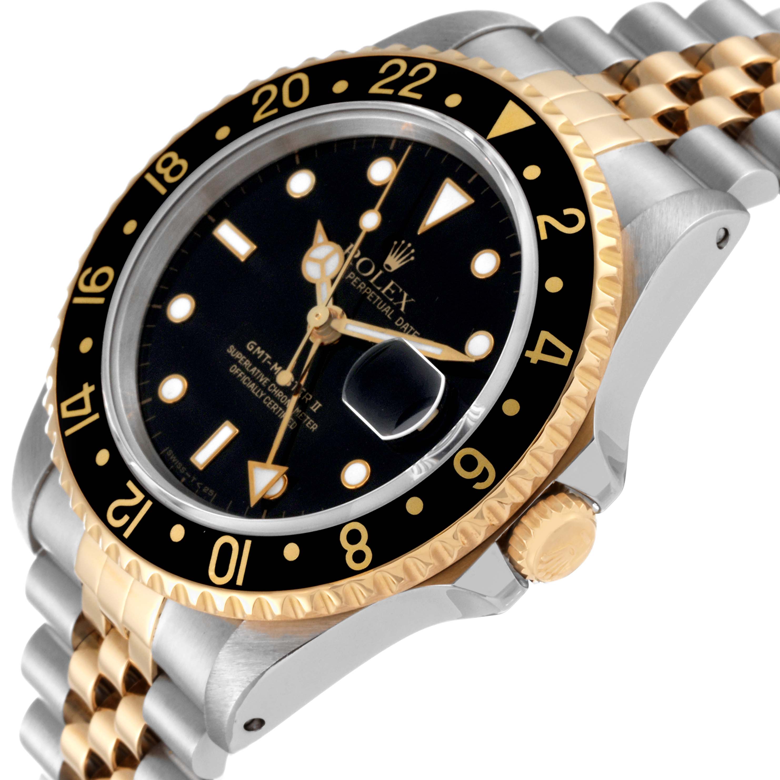 The image shows a close-up angle of a Rolex GMT-Master 16713 Men's Steel and Gold (two tone) Black Dial 16713 Men's Steel and Gold (two tone) Black Dial watch, displaying the dial, bezel, crown, and part of the bracelet.