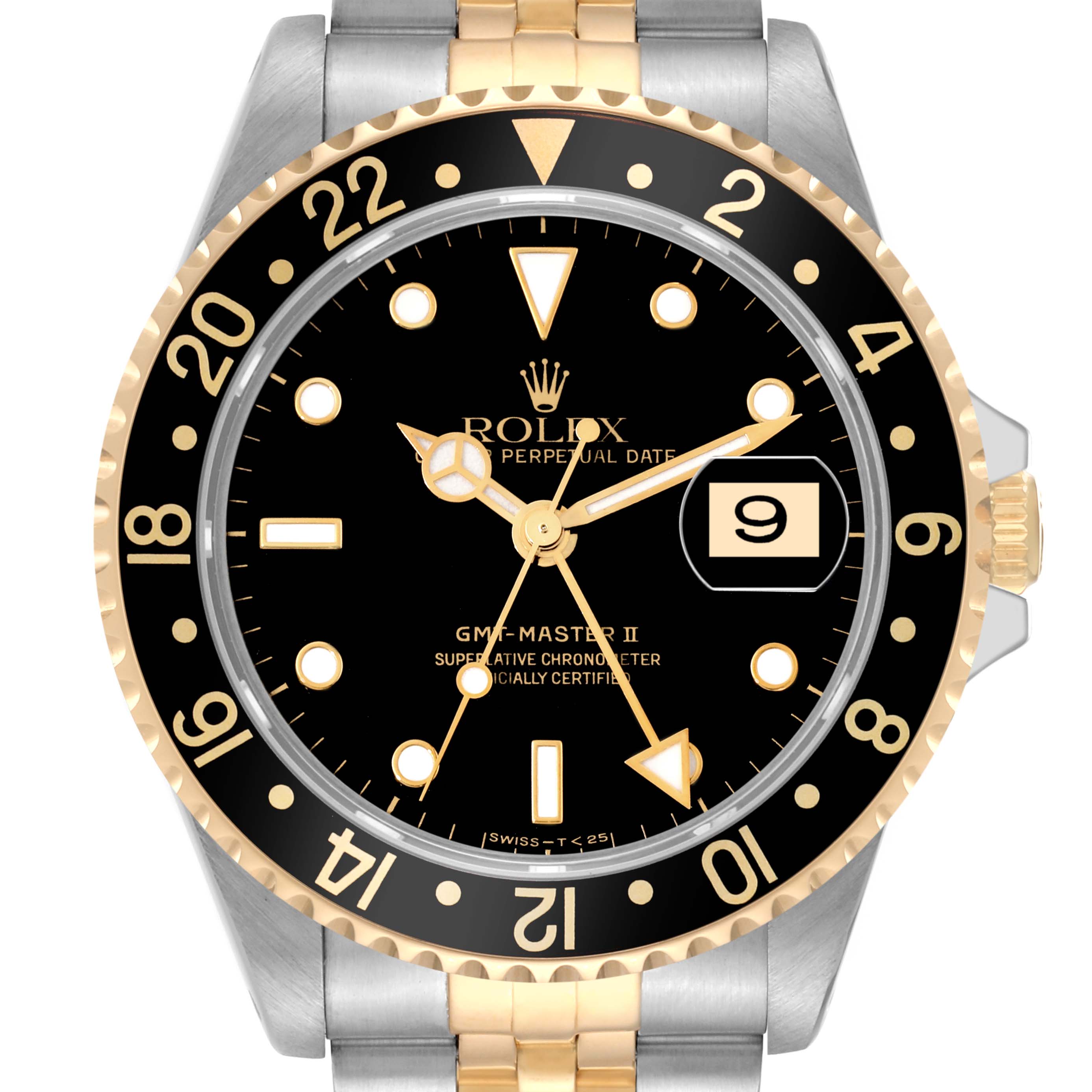 This image shows a front-facing view of a Rolex GMT-Master 16713 Men's Steel and Gold (two tone) Black Dial 16713 Men's Steel and Gold (two tone) Black Dial II watch, highlighting the dial, bezel, and part of the bracelet.