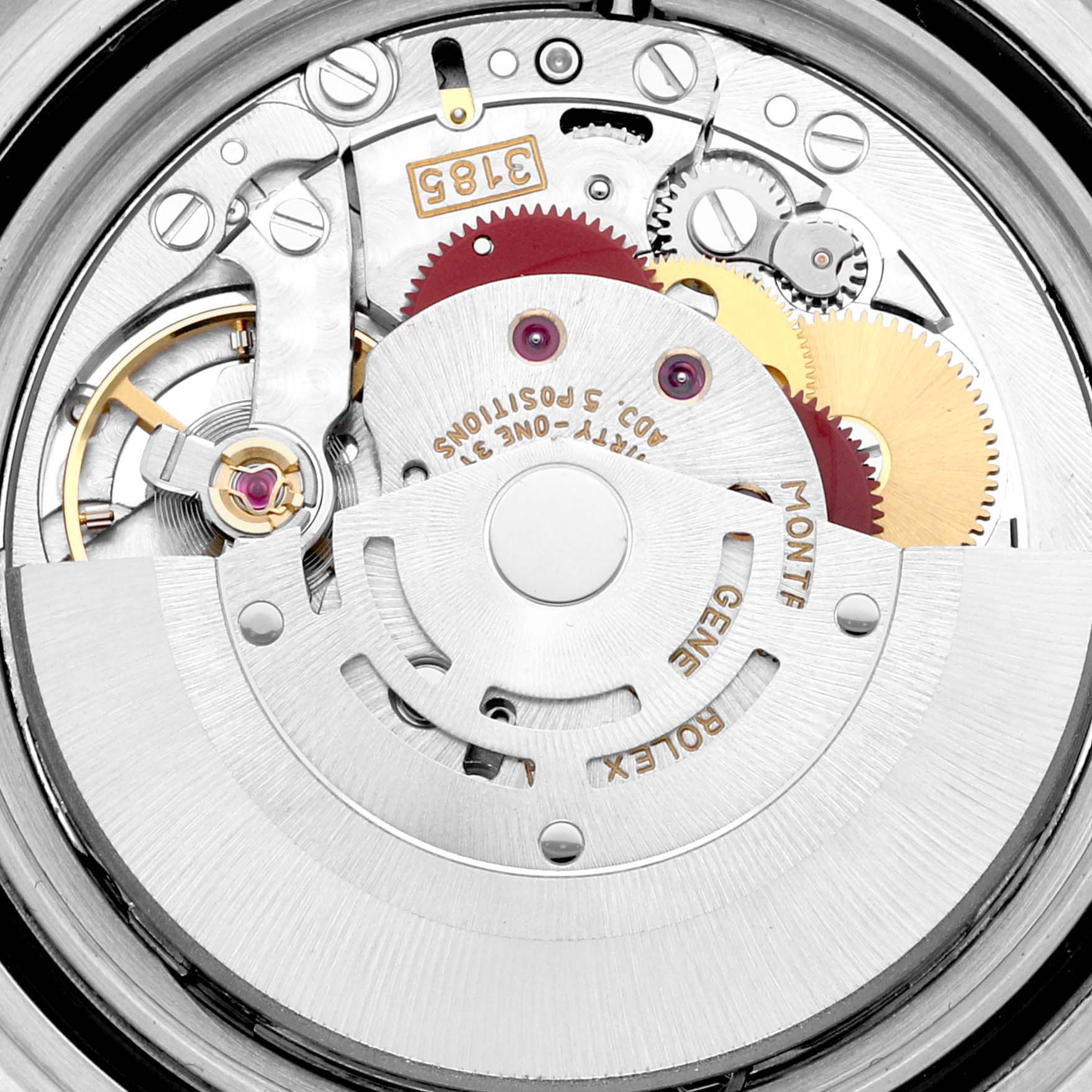 This image shows a macro view of the movement and internal mechanisms of a Rolex GMT-Master 16713 Men's Steel and Gold (two tone) Black Dial 16713 Men's Steel and Gold (two tone) Black Dial watch.