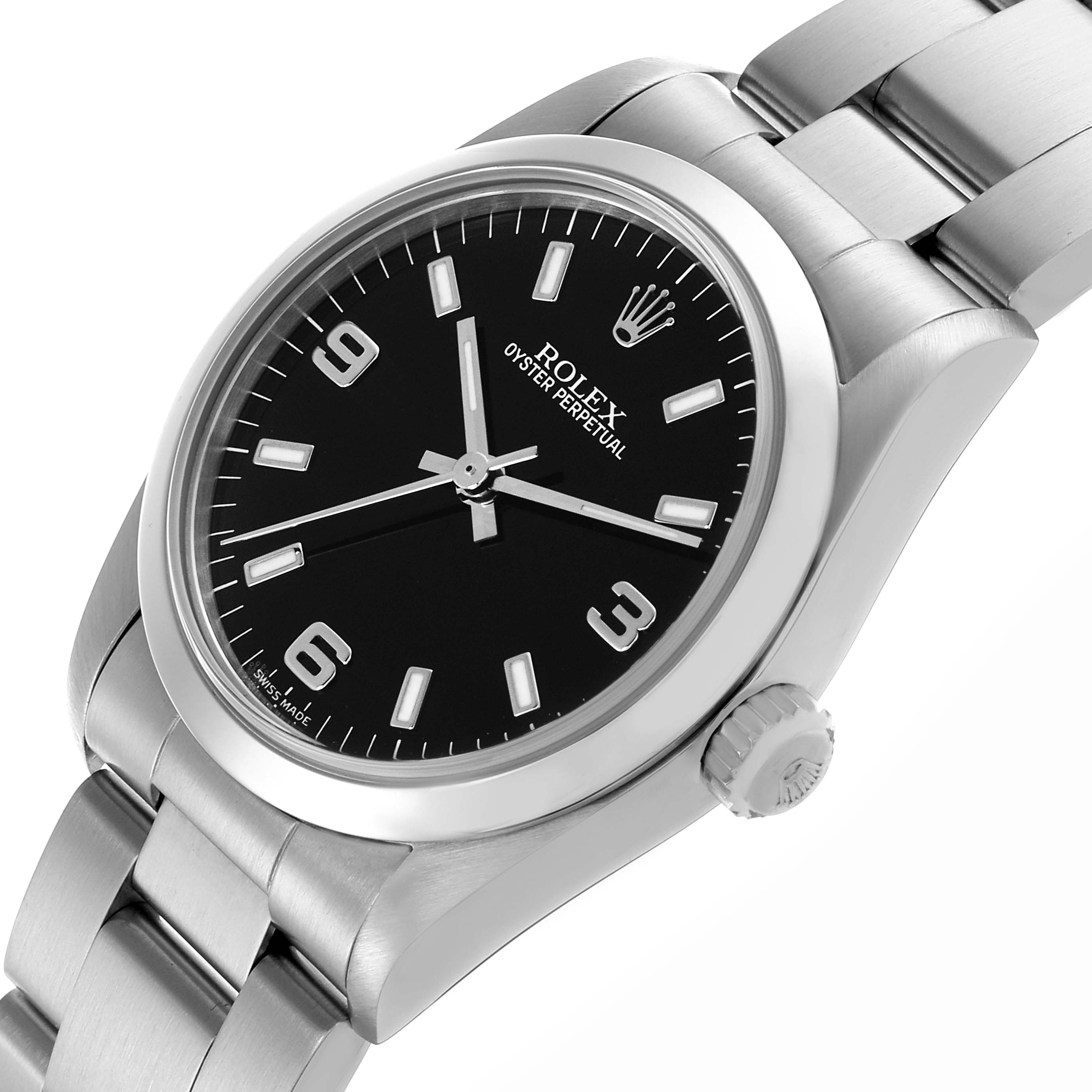 The Rolex Mid-Size 77080 Women's Stainless Steel Black Dial 77080 Women's Stainless Steel Black Dial watch is shown at a tilted angle, highlighting the dial, bracelet, and crown.