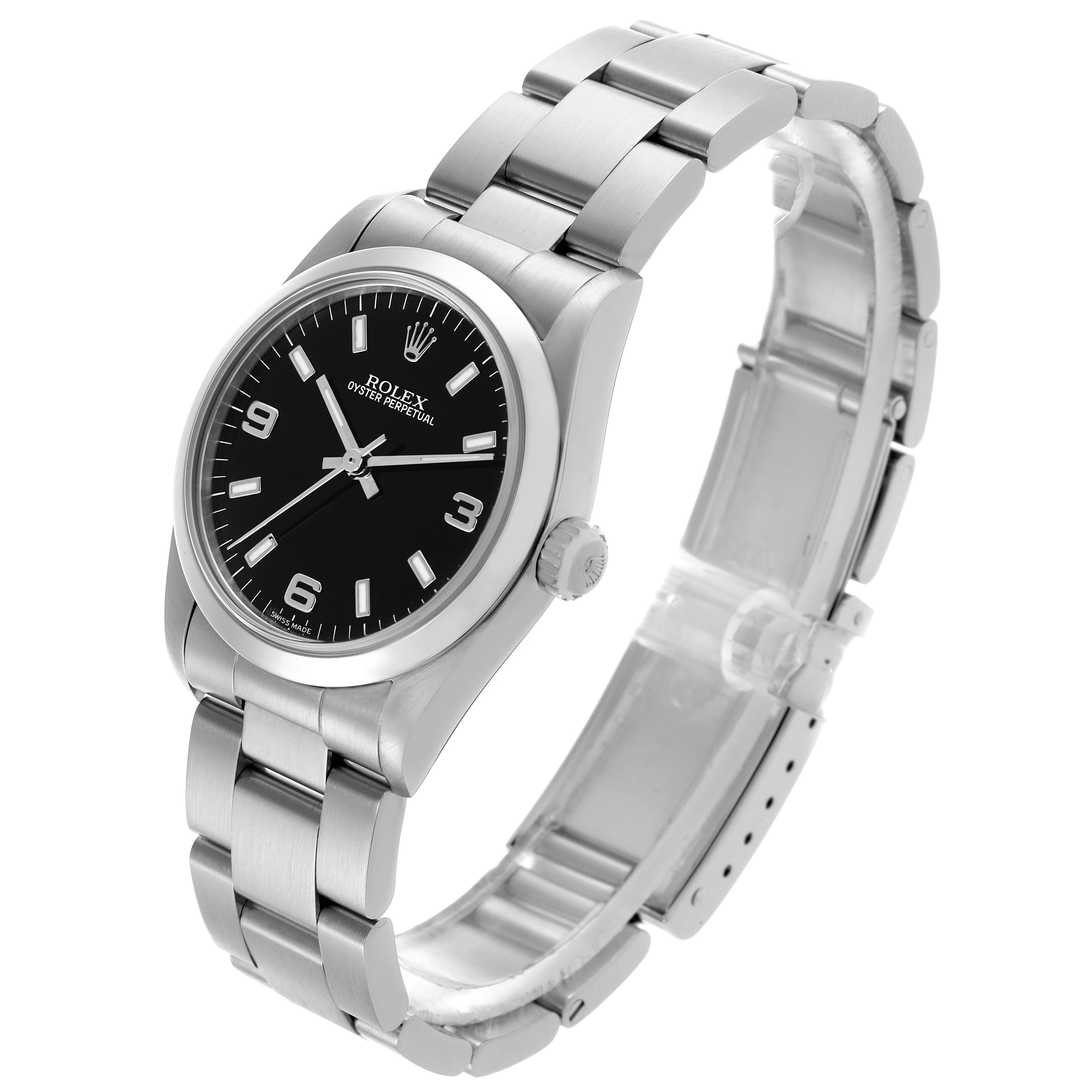 The Rolex Mid-Size 77080 Women's Stainless Steel Black Dial 77080 Women's Stainless Steel Black Dial watch is shown at a slight angle, displaying the face, bracelet, and clasp.