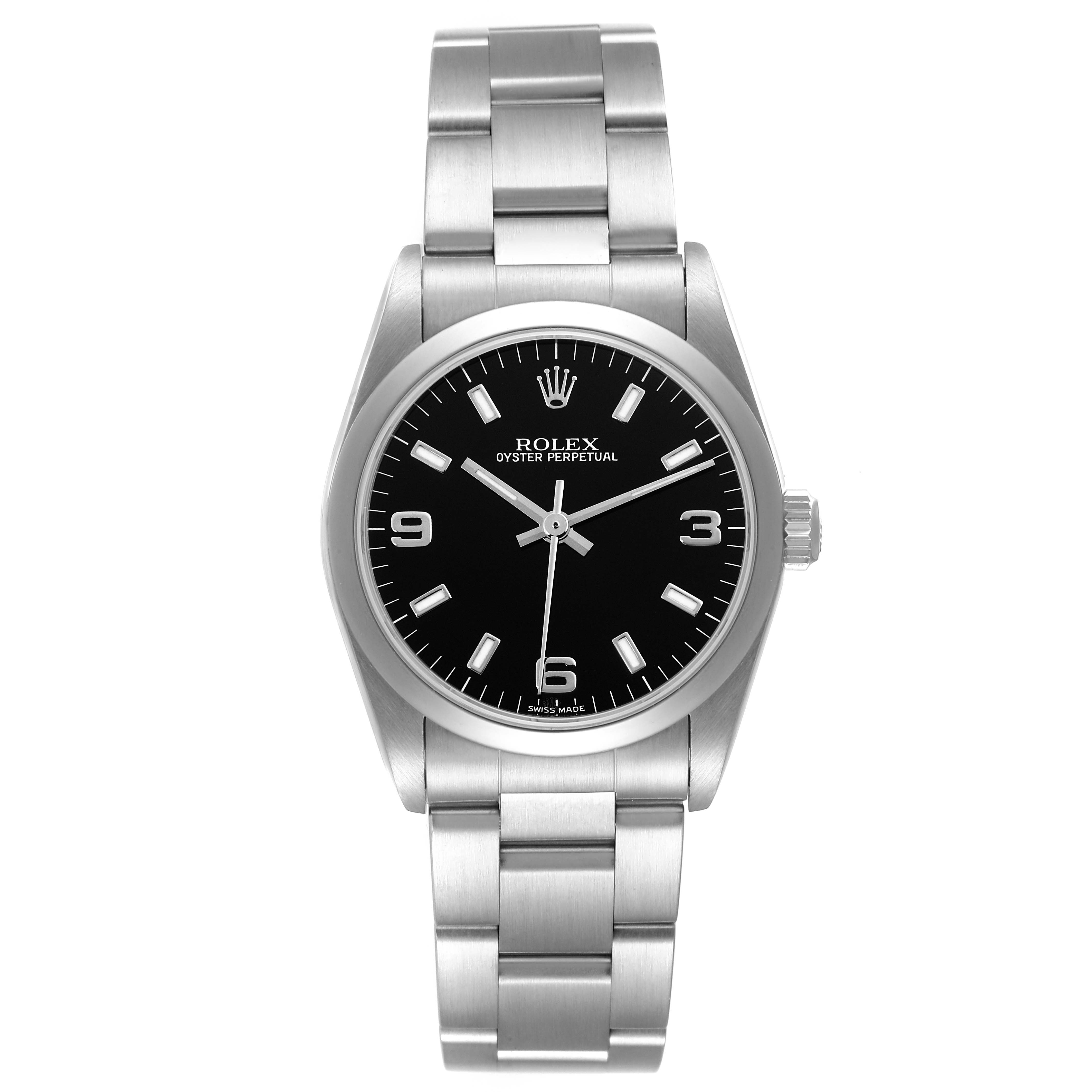 The Rolex Mid-Size 77080 Women's Stainless Steel Black Dial 77080 Women's Stainless Steel Black Dial model is shown from a front angle, displaying the dial, bezel, bracelet, and crown clearly.