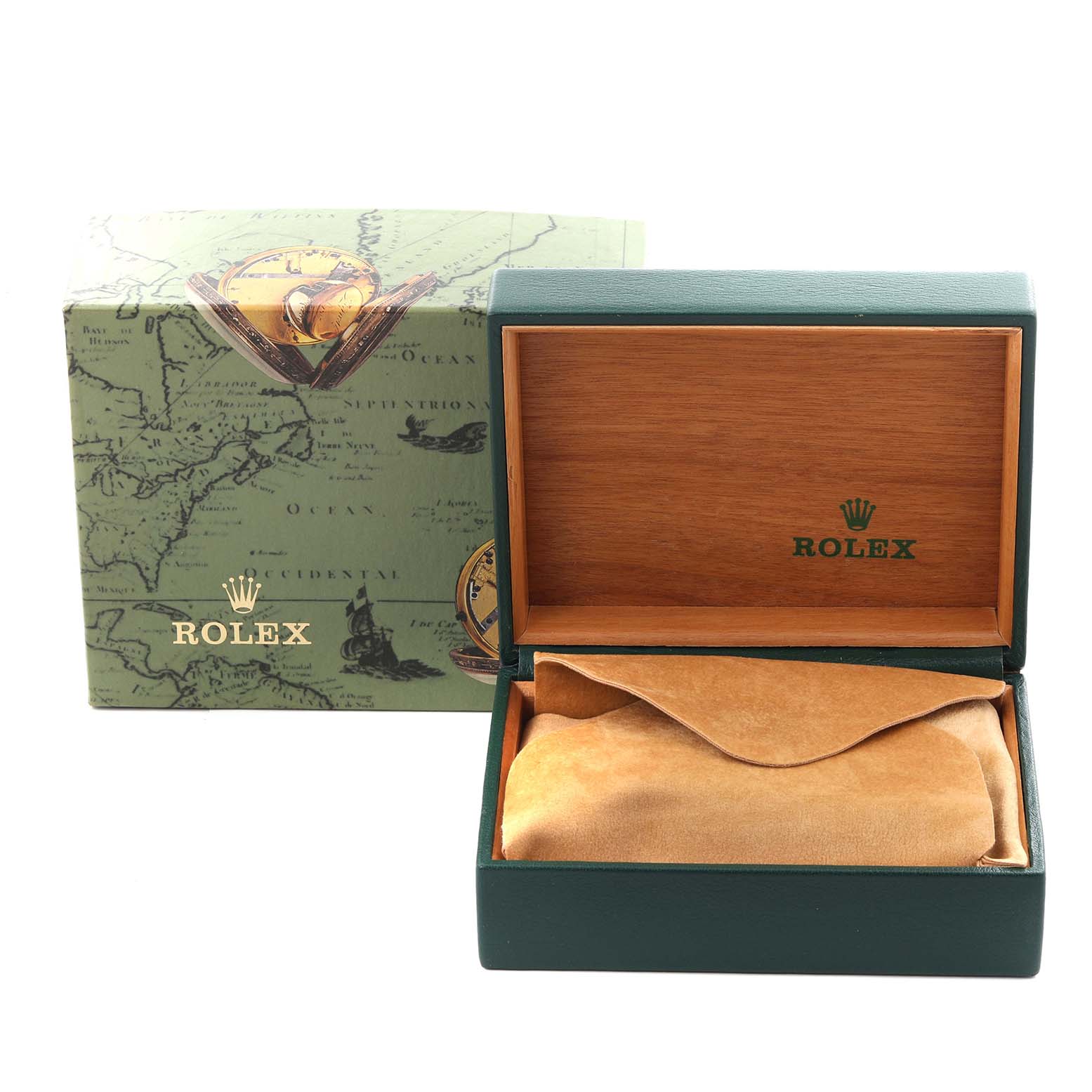 The image shows a Rolex Mid-Size 77080 Women's Stainless Steel Black Dial 77080 Women's Stainless Steel Black Dial watch box and outer packaging, viewed from the front.