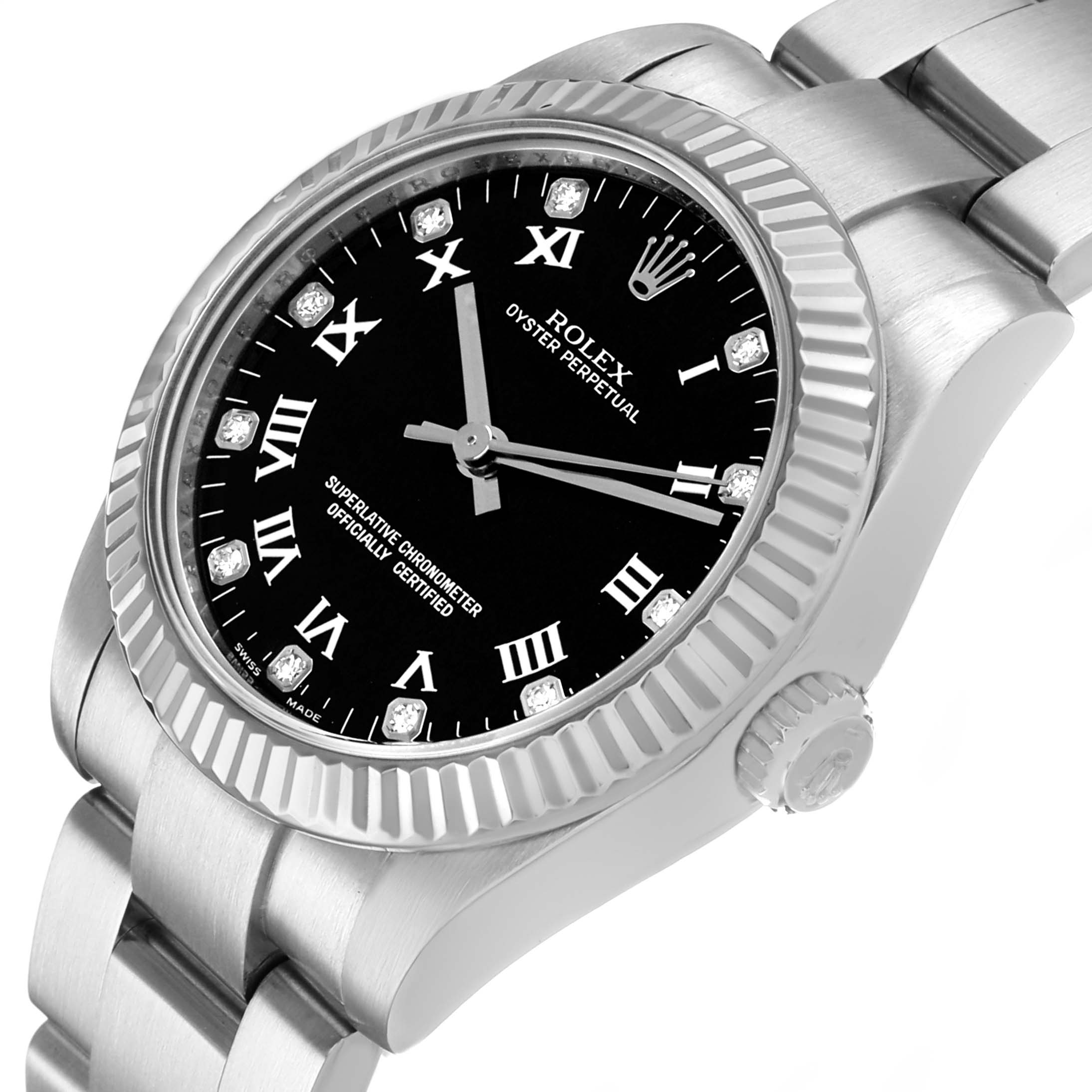 The Rolex Mid-Size 177234 Women's Stainless Steel Black Dial watch is shown at an angle highlighting the dial, bezel, crown, and bracelet.