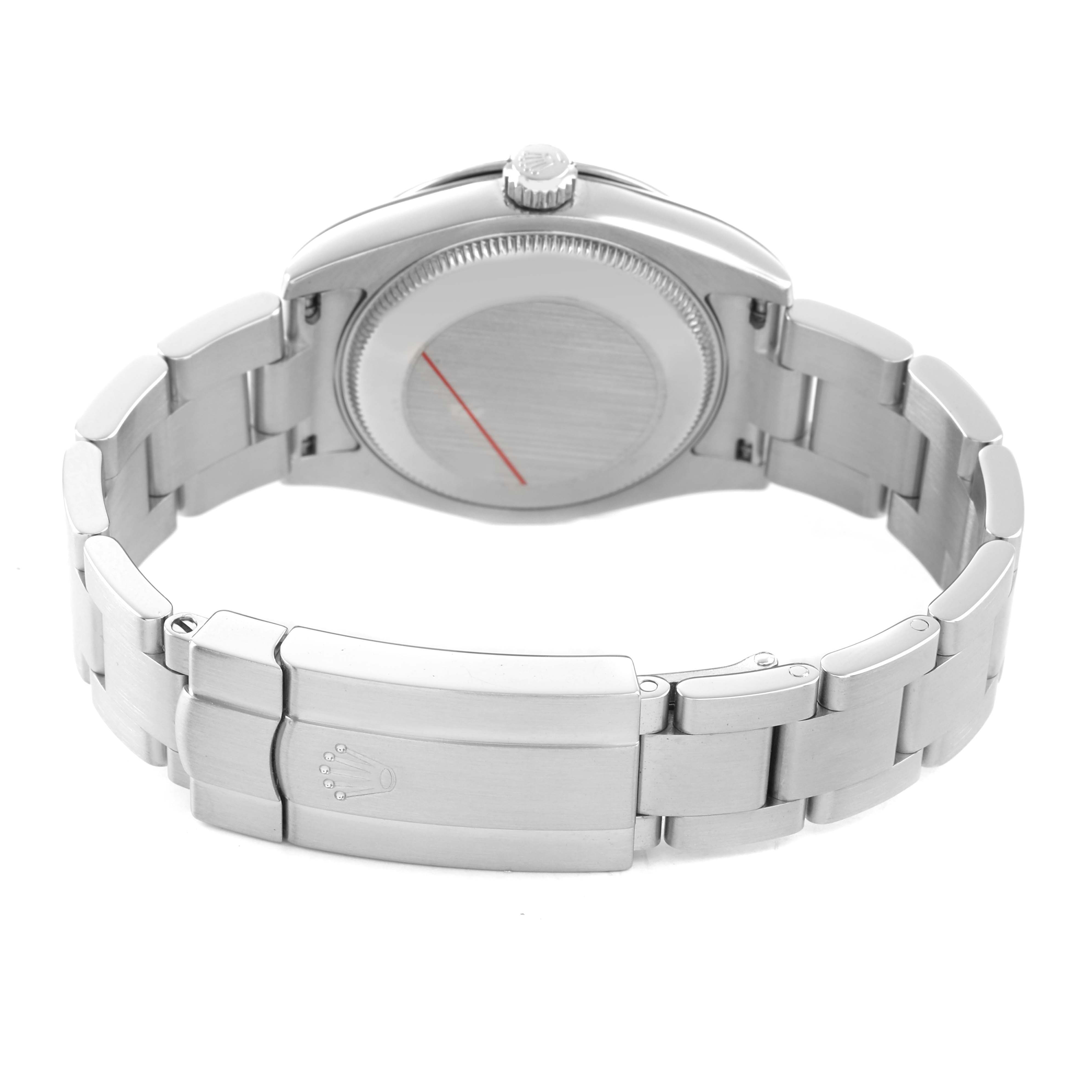 The Rolex Mid-Size 177234 Women's Stainless Steel Black Dial watch is shown from the back, highlighting the case back, bracelet, clasp, and crown on the side.